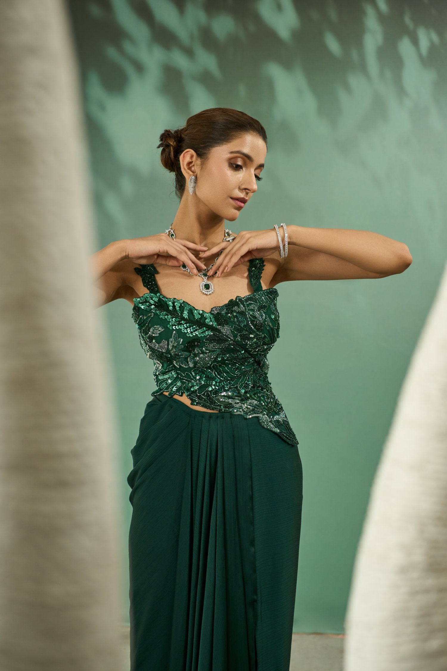 Emarald Green Cutwork Top And Drape Skirt Set