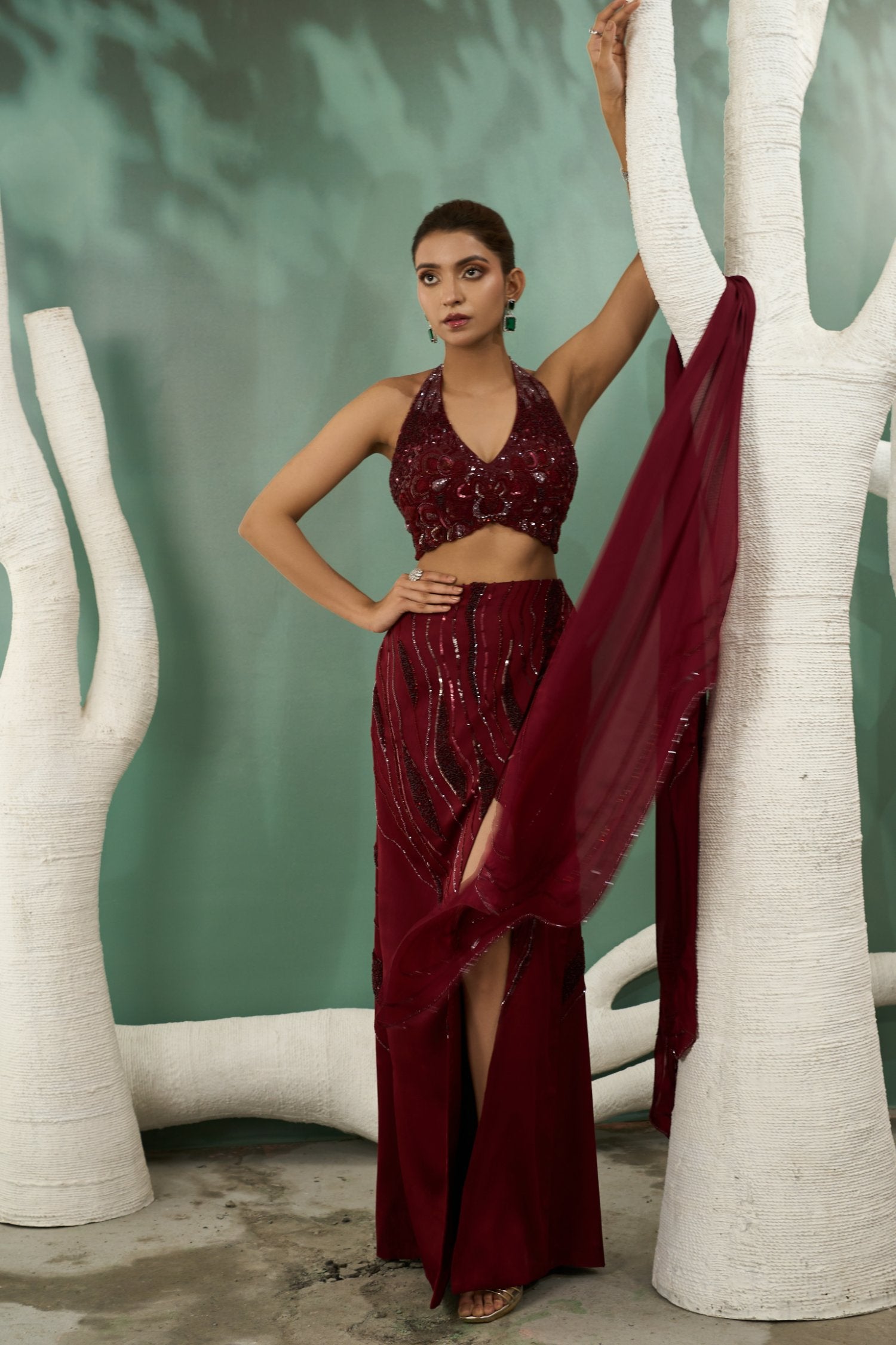 Burgundy Halter Top And Skirt Set