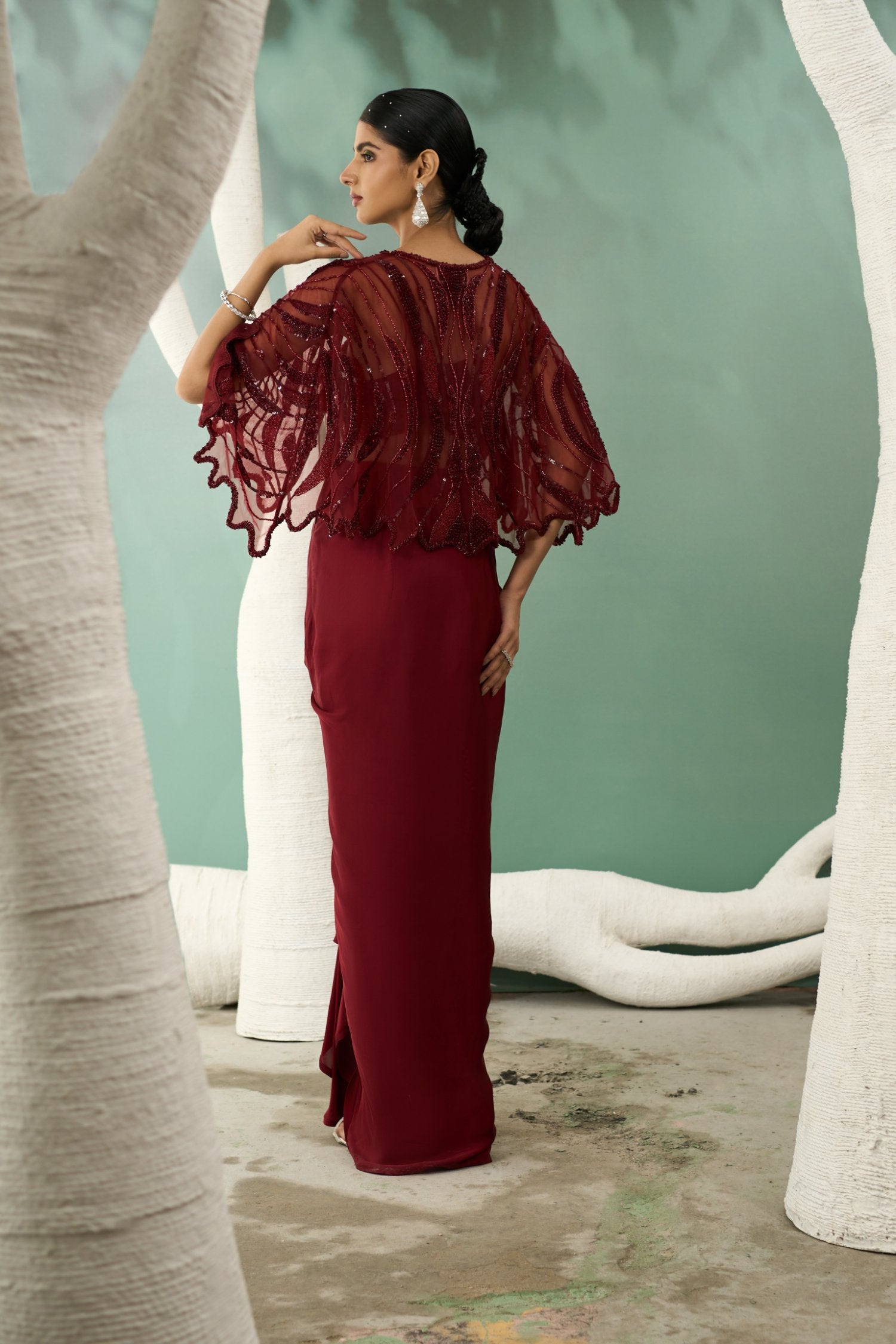 Burgundy Drape Skirt & Shrug Set