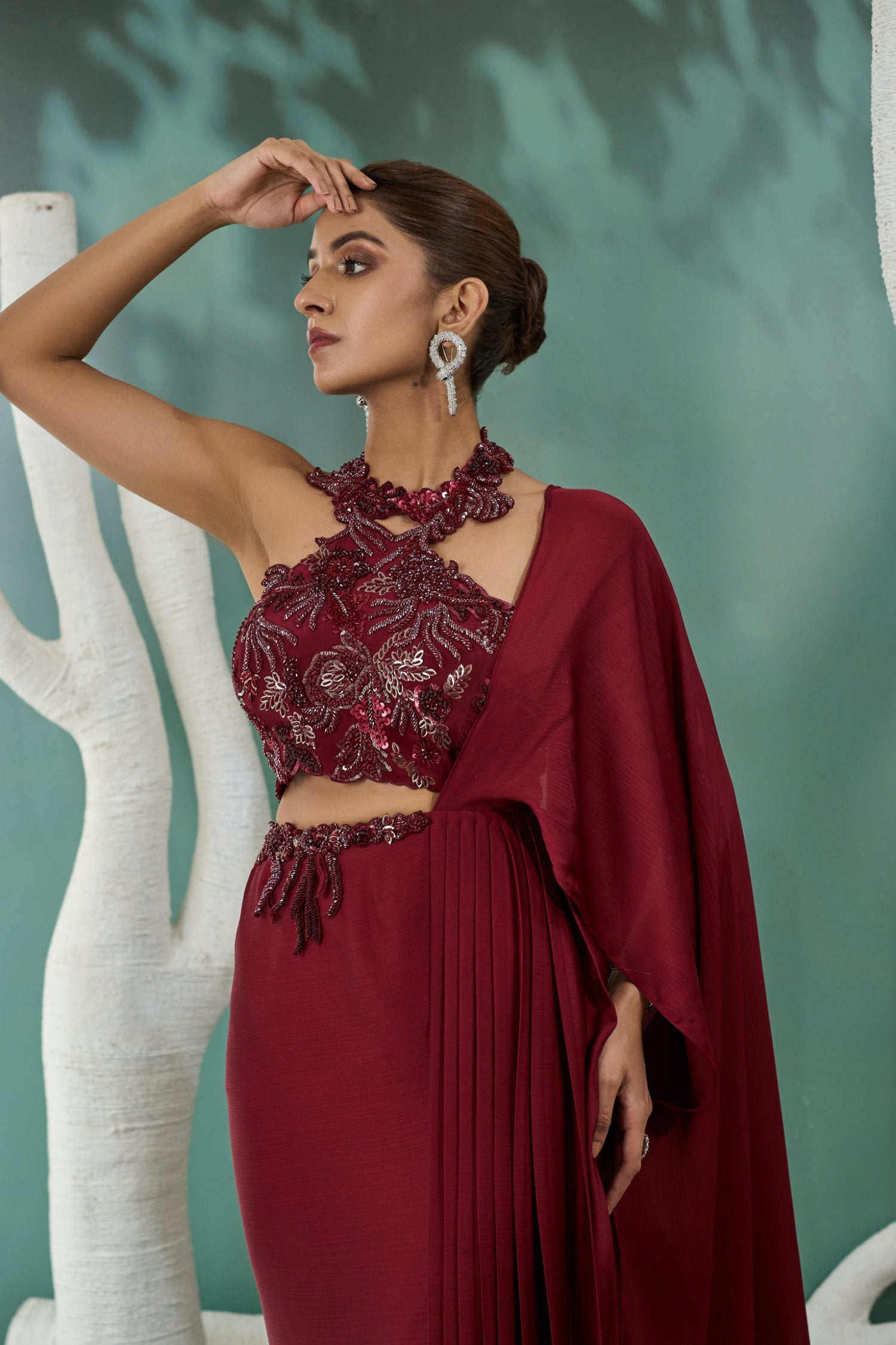 Burgundy Drape Saree Set