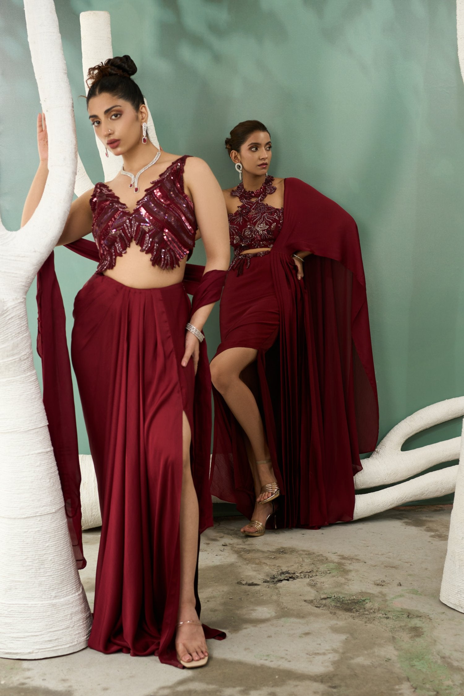 Burgundy Drape Skirt And Cutwork Top