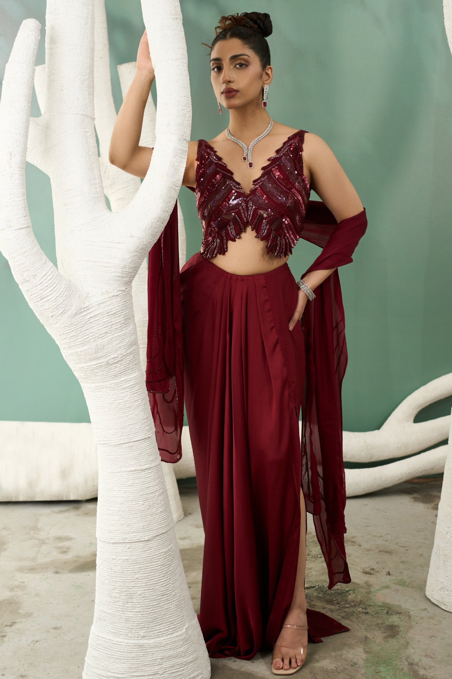 Burgundy Drape Skirt And Cutwork Top