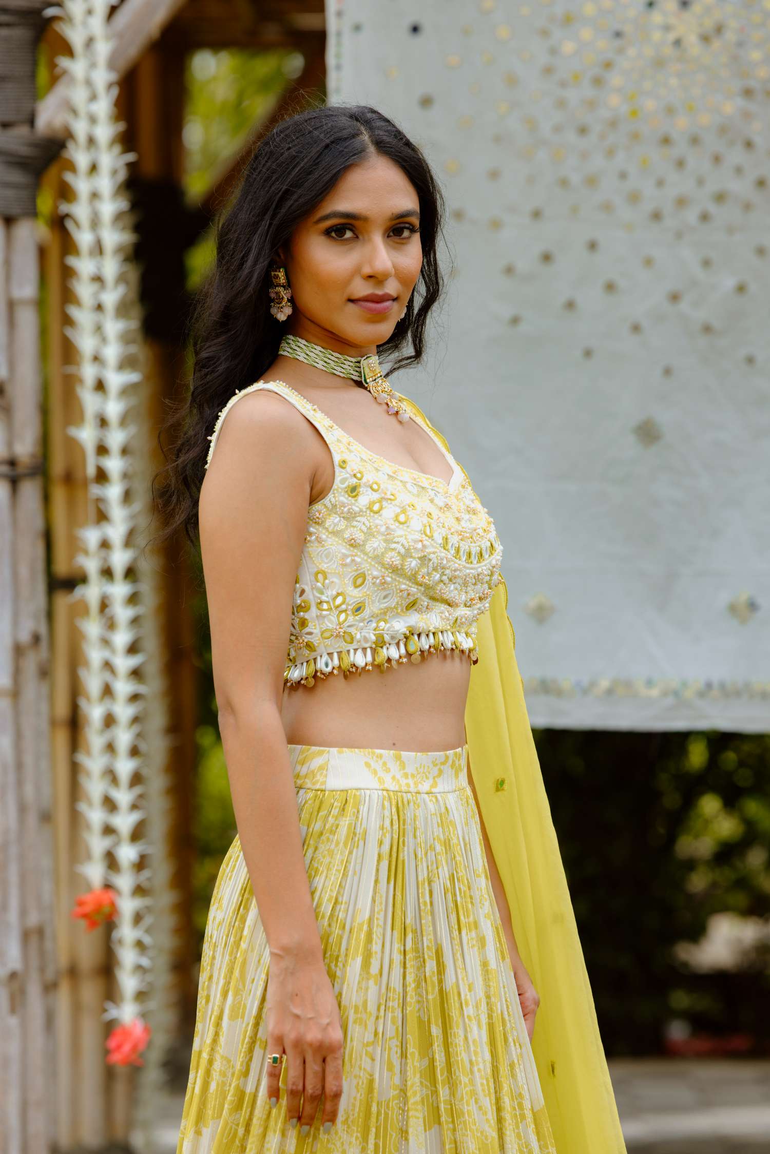 Olive Yellow Printed Lehenga Set