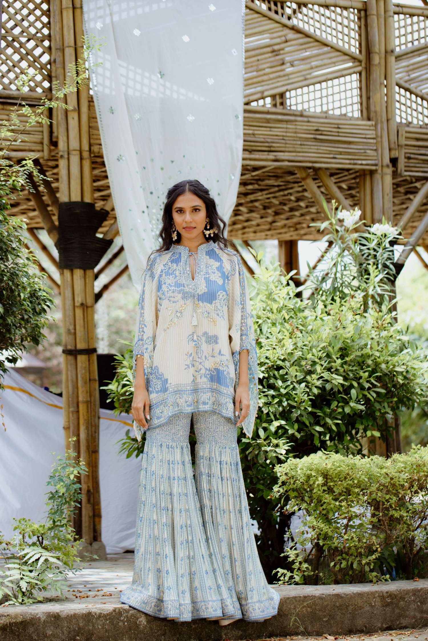 Denim Blue Printed Georgette Sharara Set