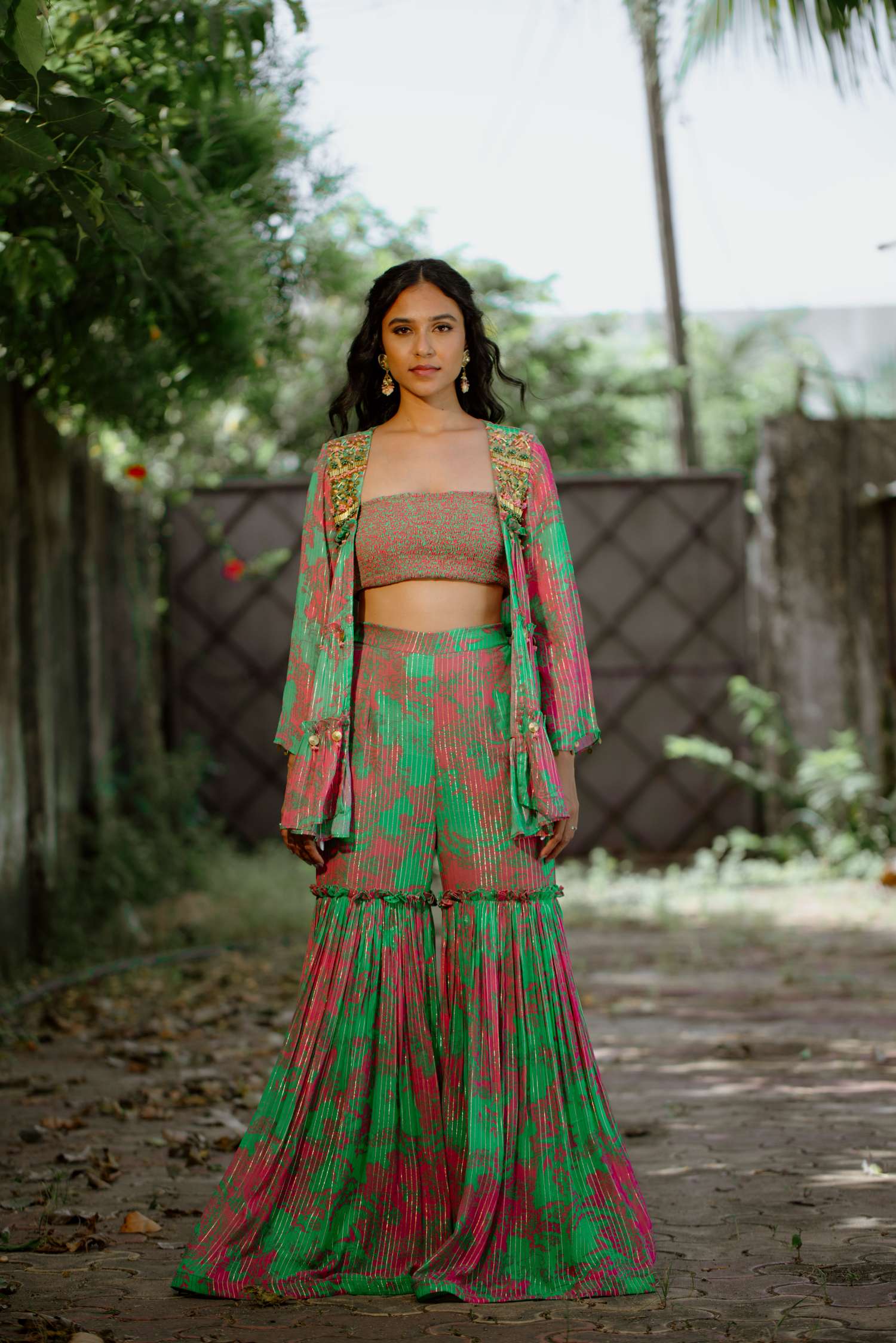 Green Printed Georgette Sharara Set