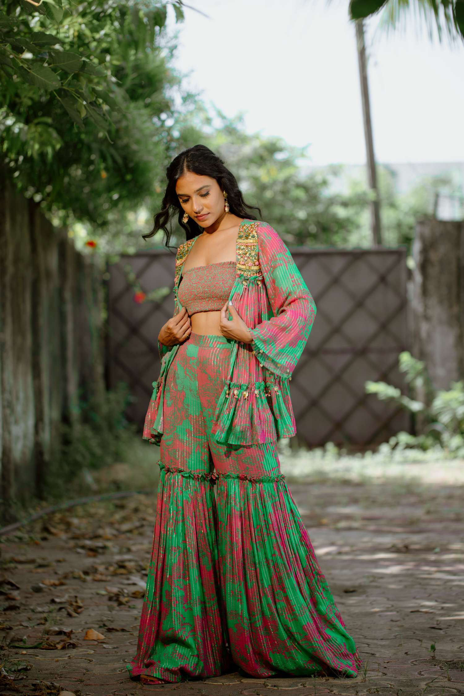 Green Printed Georgette Sharara Set