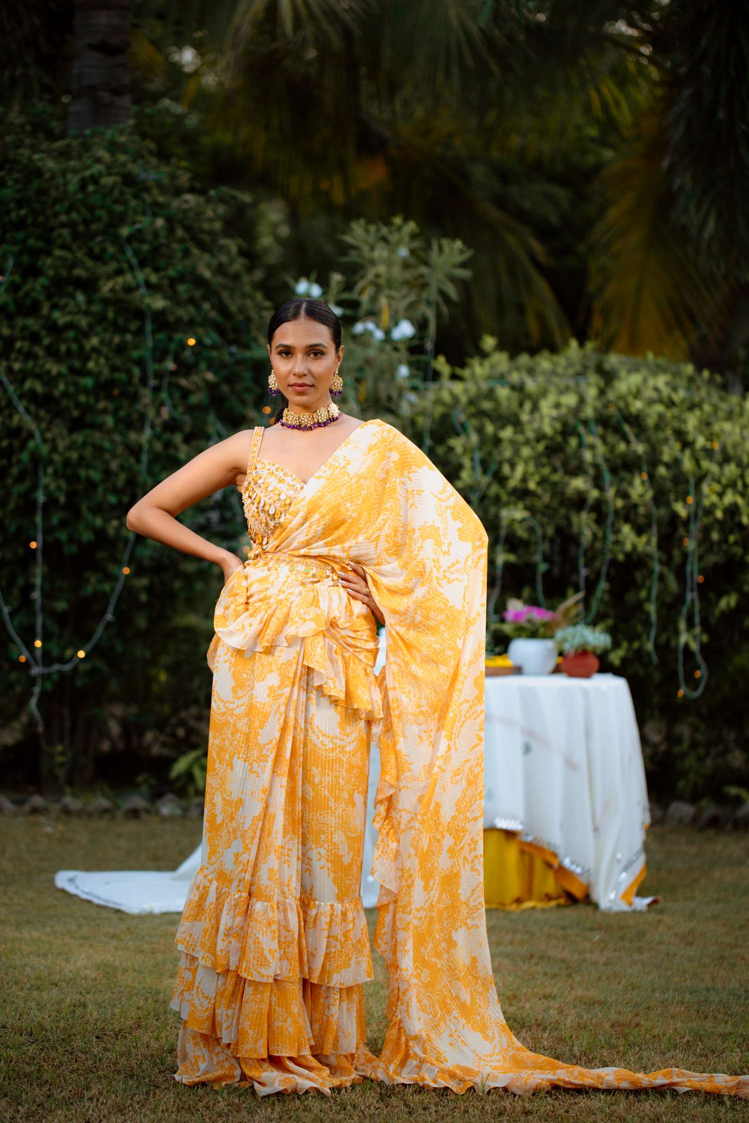 Amber Yellow Printed Saree Set- front view