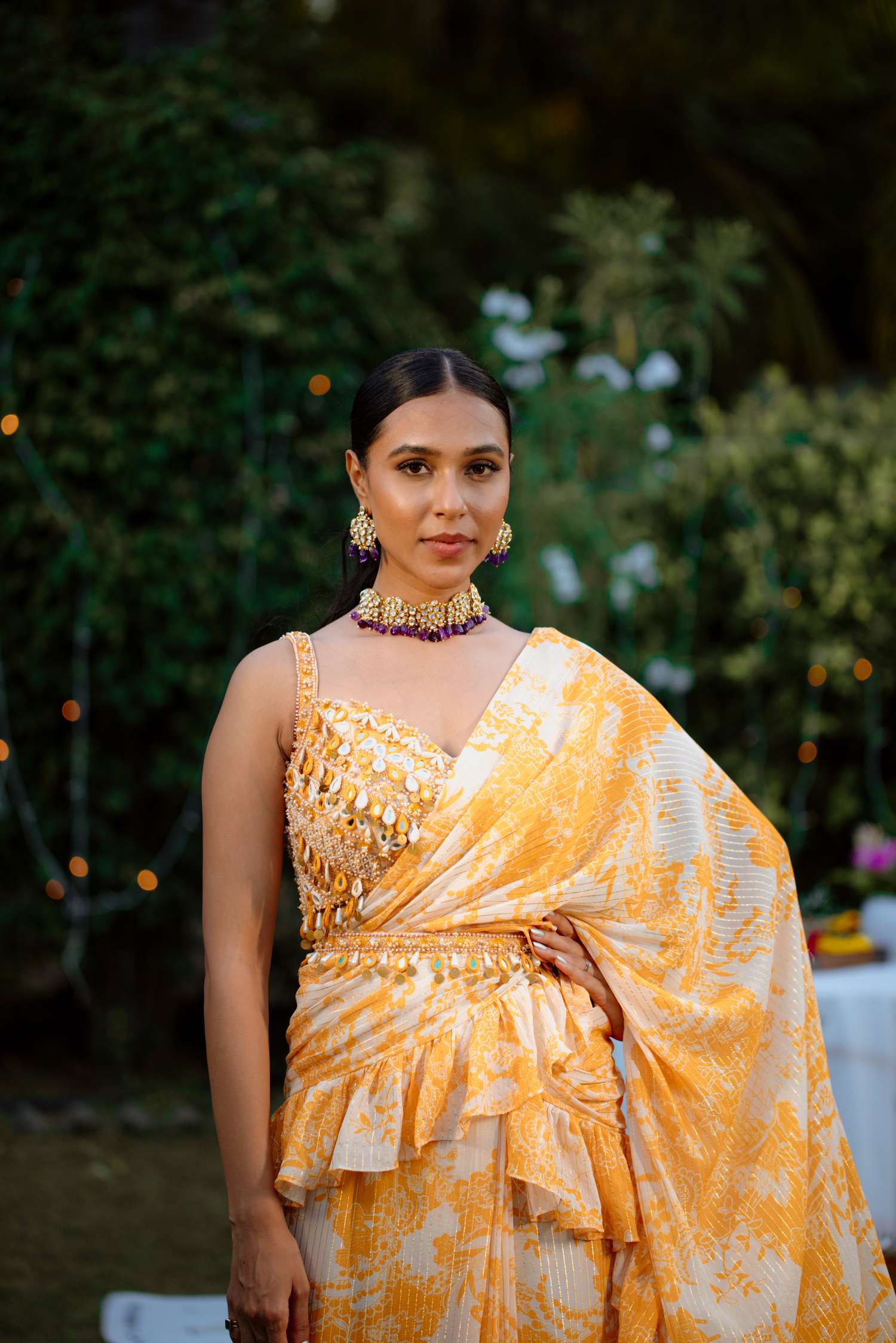 Amber Yellow Printed Saree Set- front view