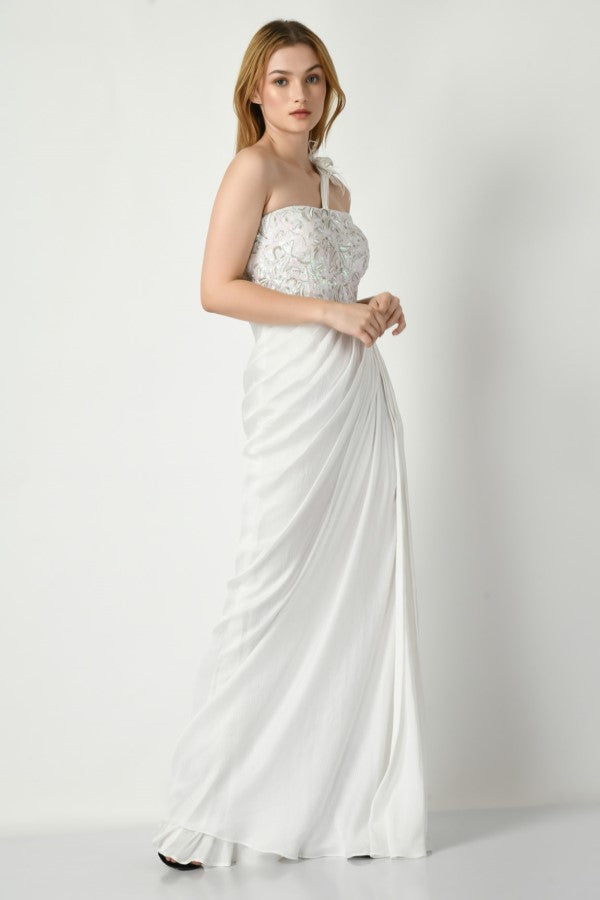 White Gown with unicorn colored sequin embroidery on bodice