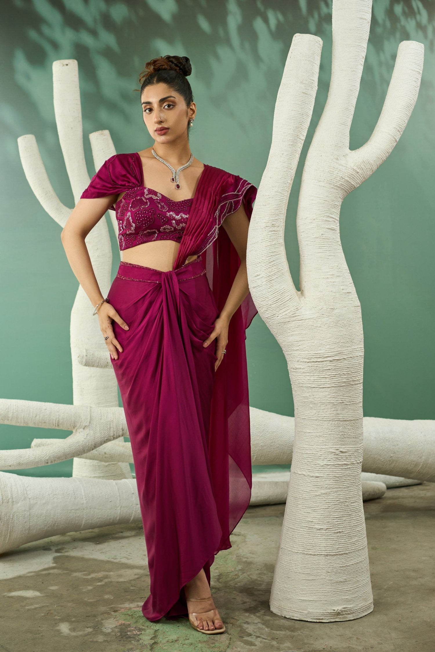 Plum Pink Drape Skirt Set With Detachable Dupatta