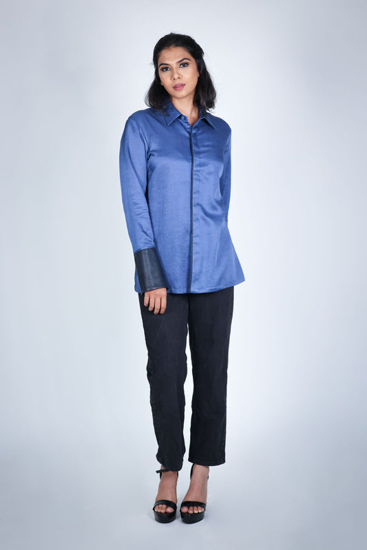 Blue Leather Cuff Shibori Shirt