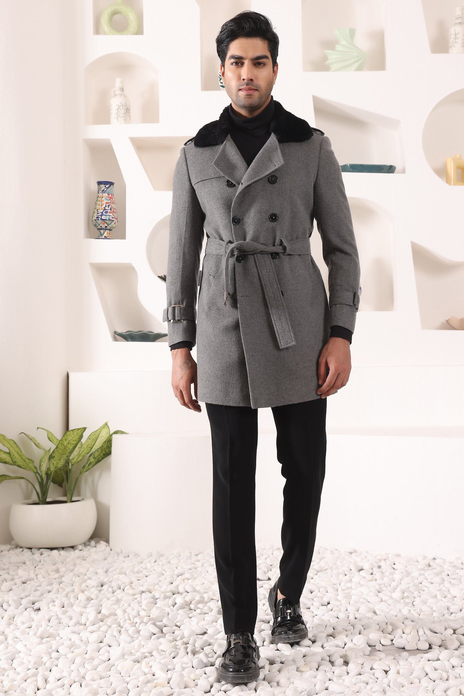 Grey Overcoat With Furr Collar