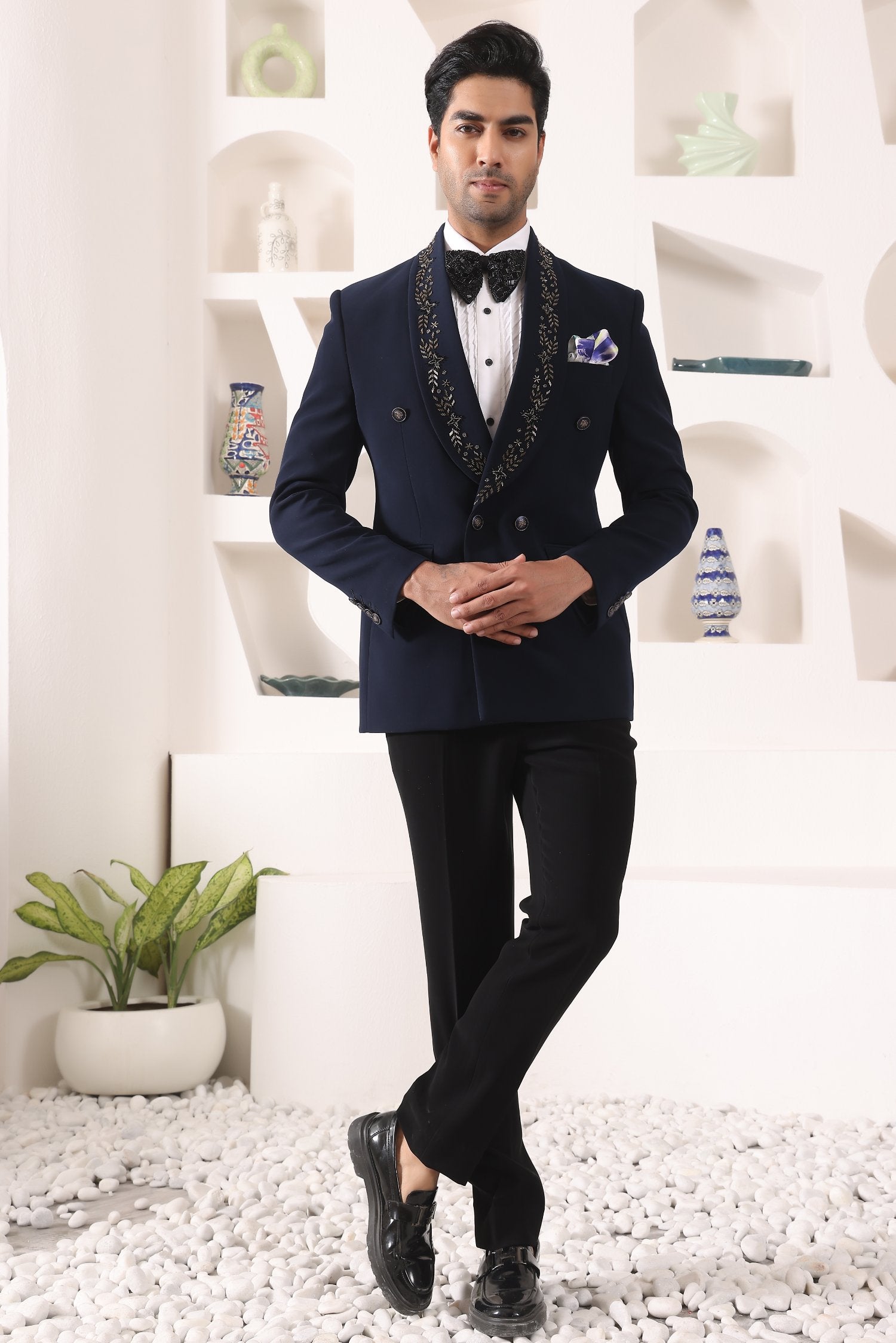 Blue Doublebreast Tuxedo With Embroidered Collar