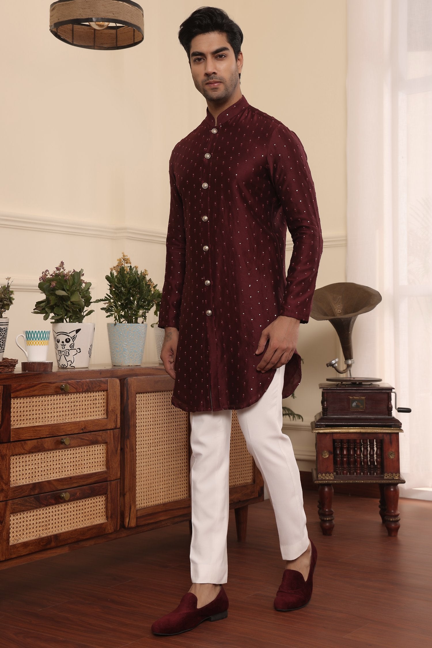 Wine Colour Embroidered Silk Kurta Pants