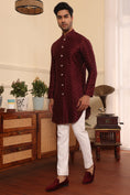 Load image into Gallery viewer, Wine Colour Embroidered Silk Kurta Pants
