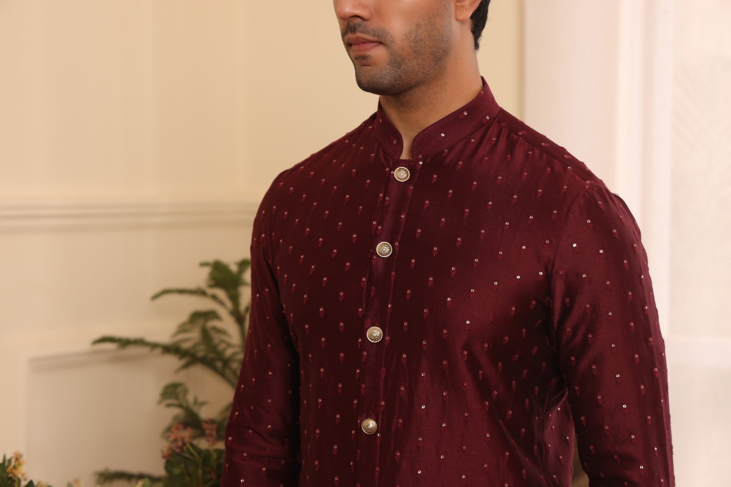 Wine Colour Embroidered Silk Kurta Pants