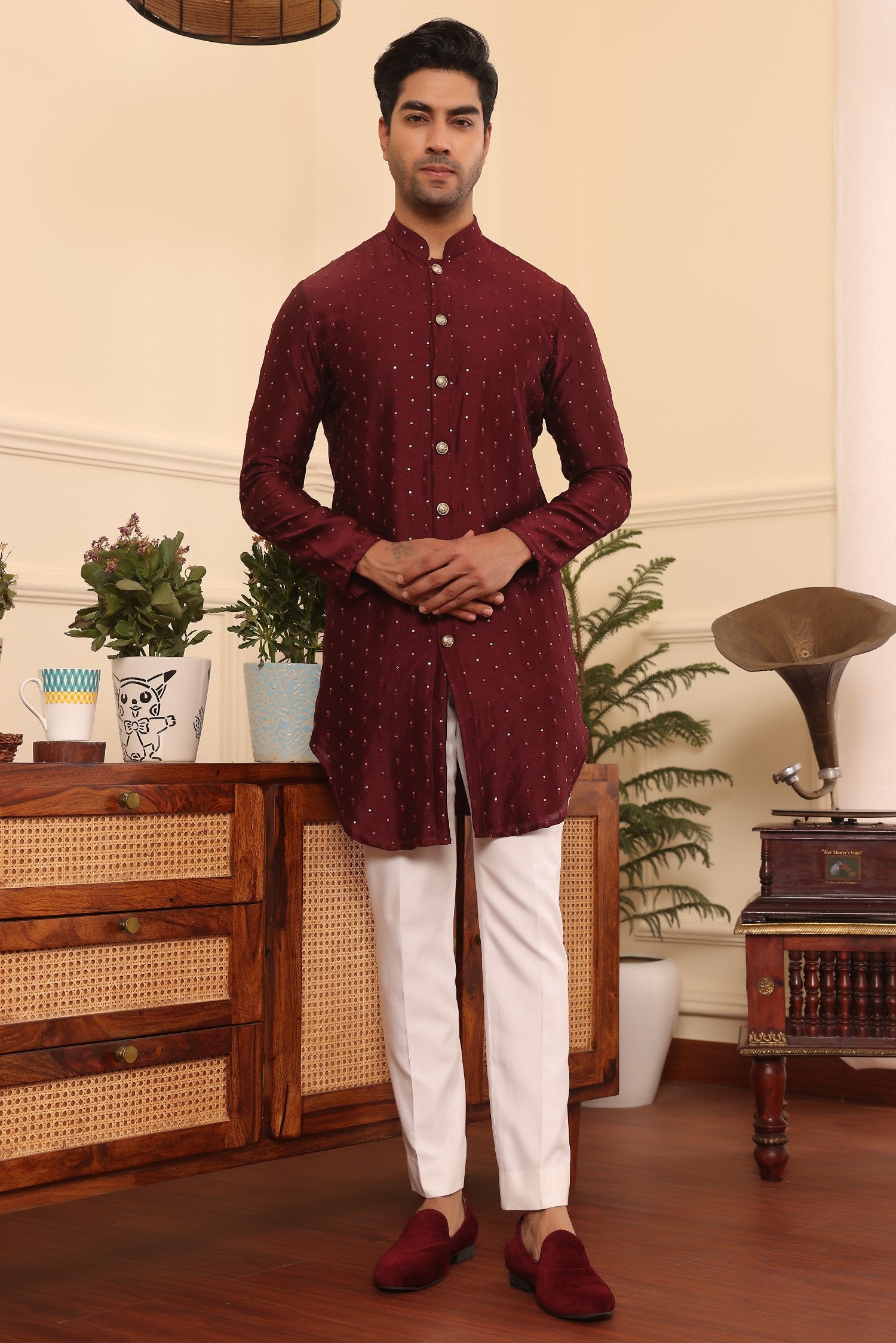 Wine Colour Embroidered Silk Kurta Pants