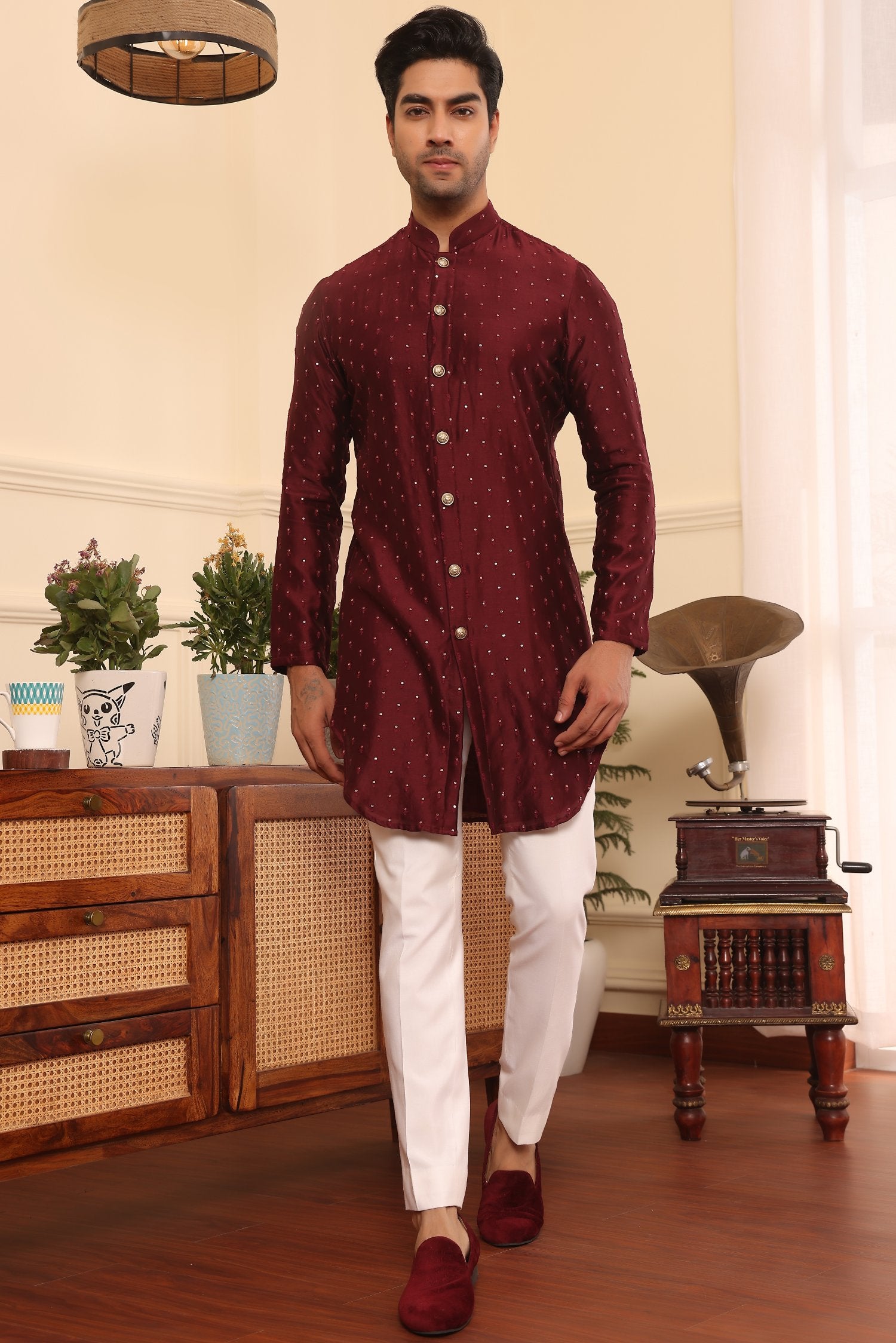 Wine Colour Embroidered Silk Kurta Pants