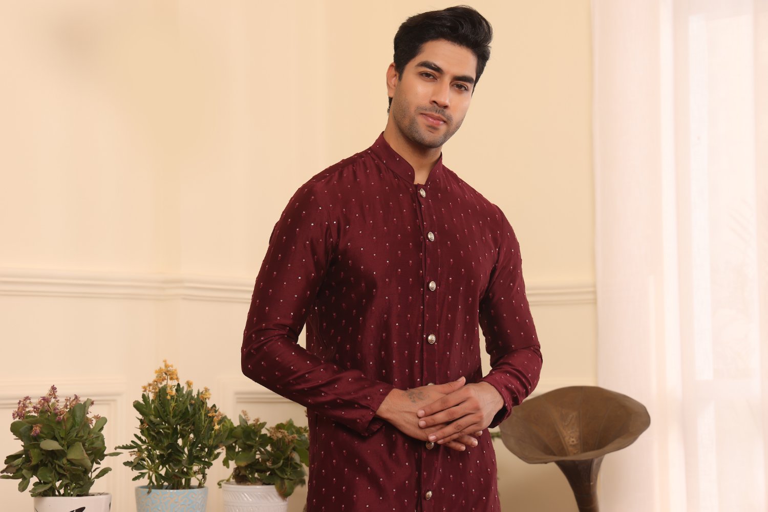 Wine Colour Embroidered Silk Kurta Pants