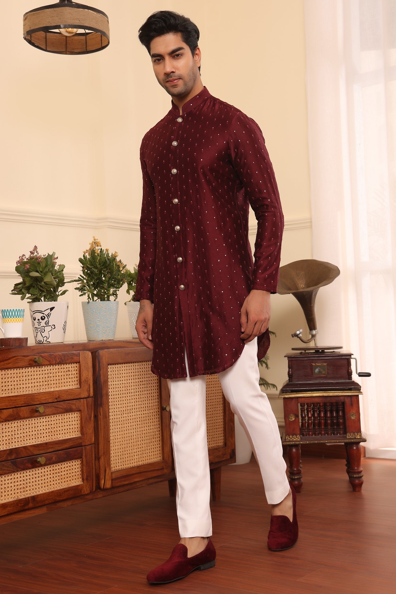 Wine Colour Embroidered Silk Kurta Pants