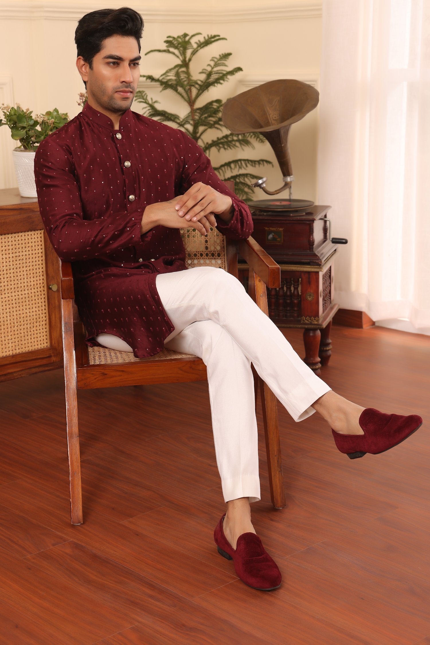 Wine Colour Embroidered Silk Kurta Pants