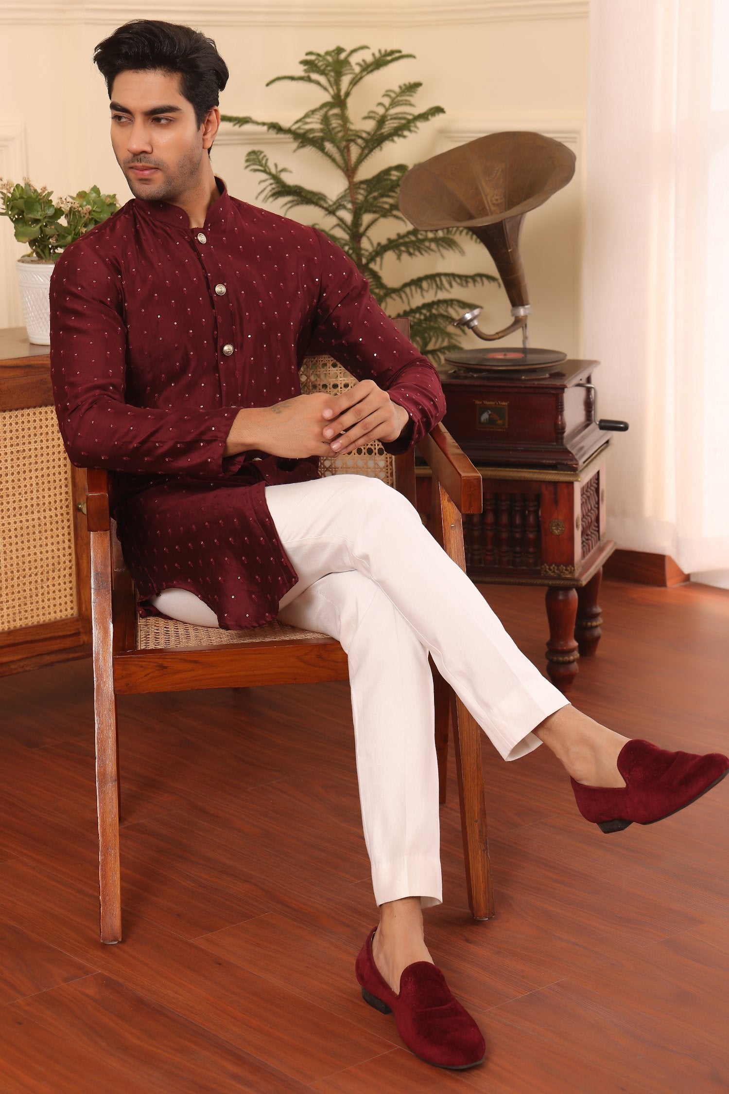 Wine Colour Embroidered Silk Kurta Pants