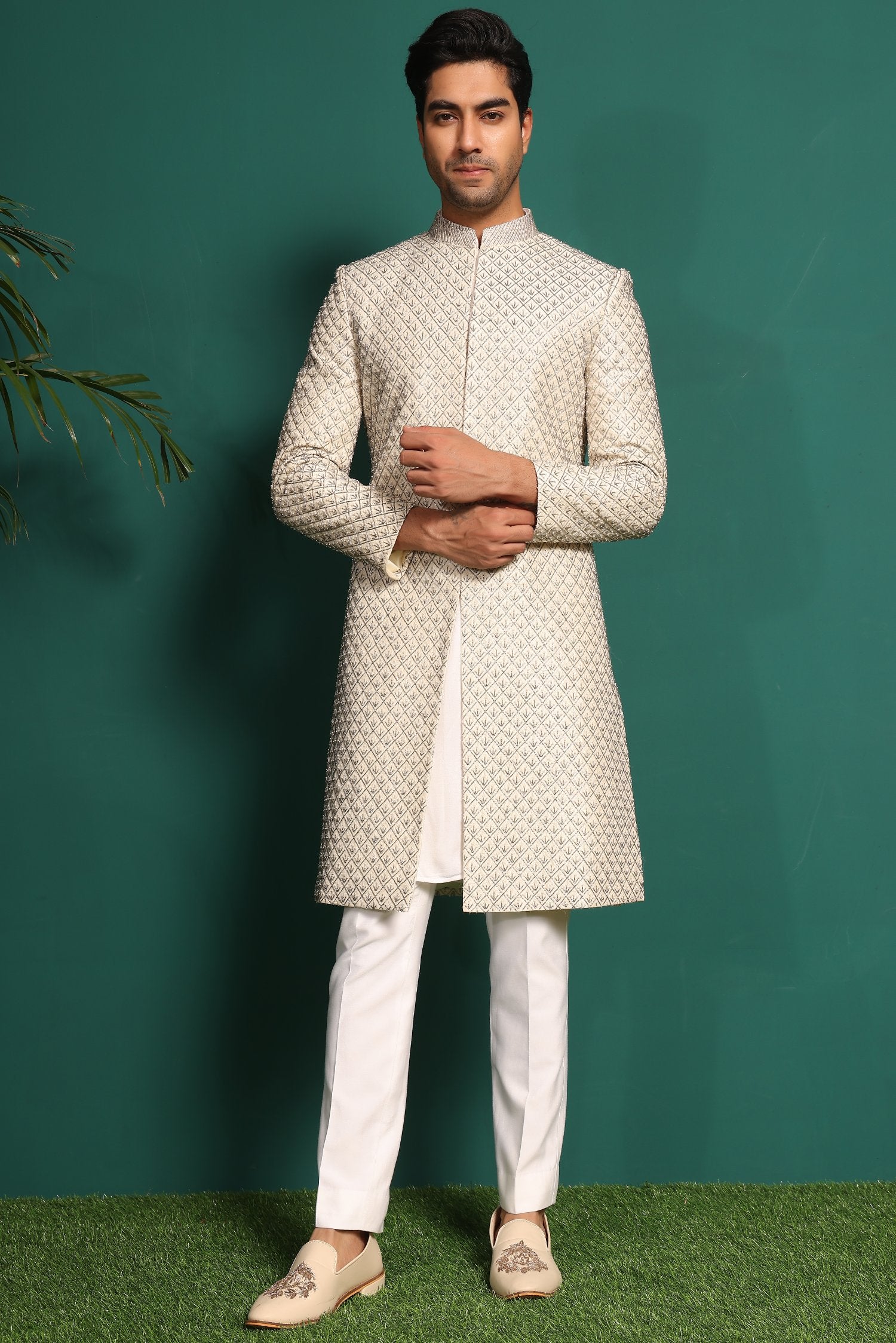 Ivory White Sherwani With Floral Work