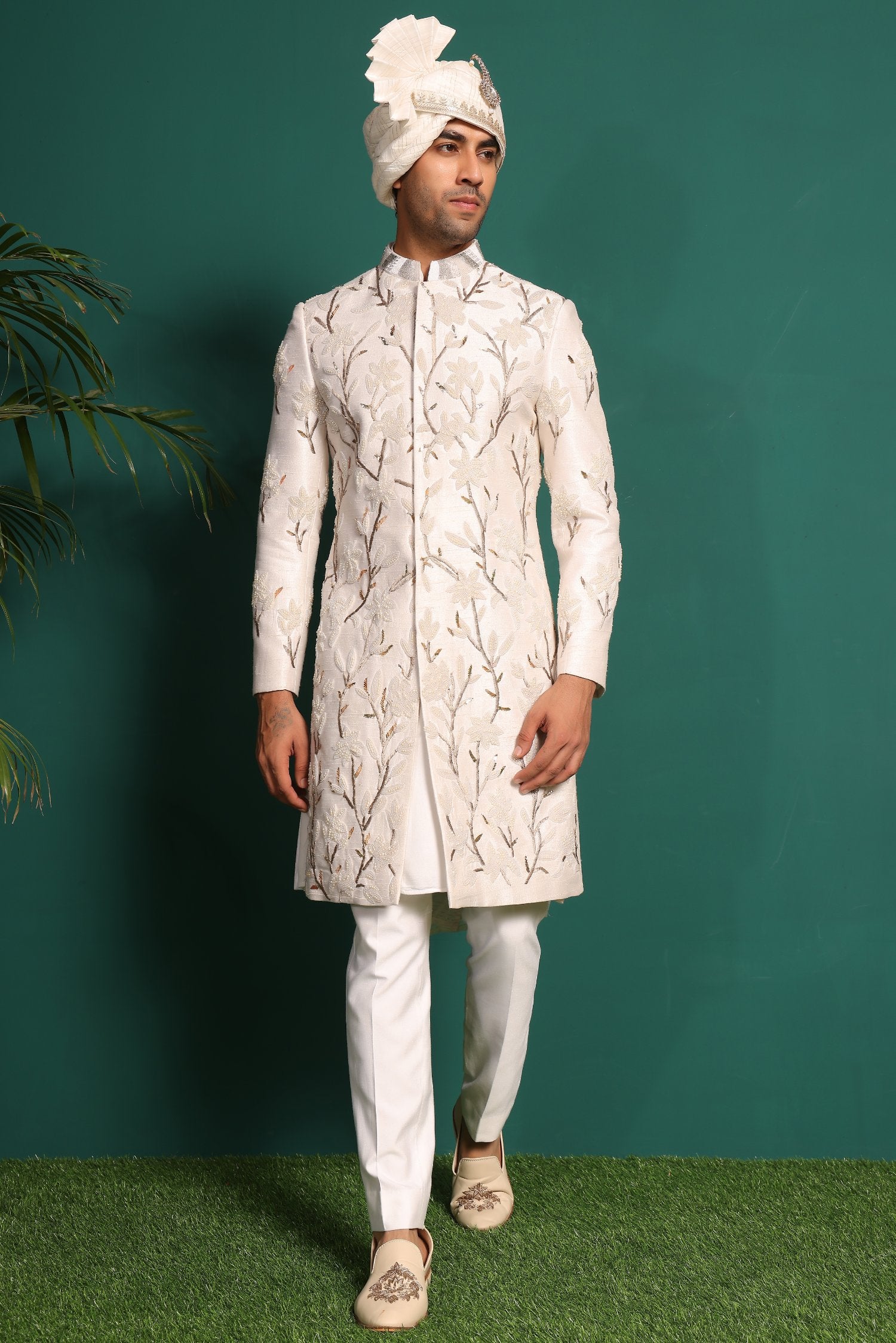 Ivory White Sherwani With Floral Work