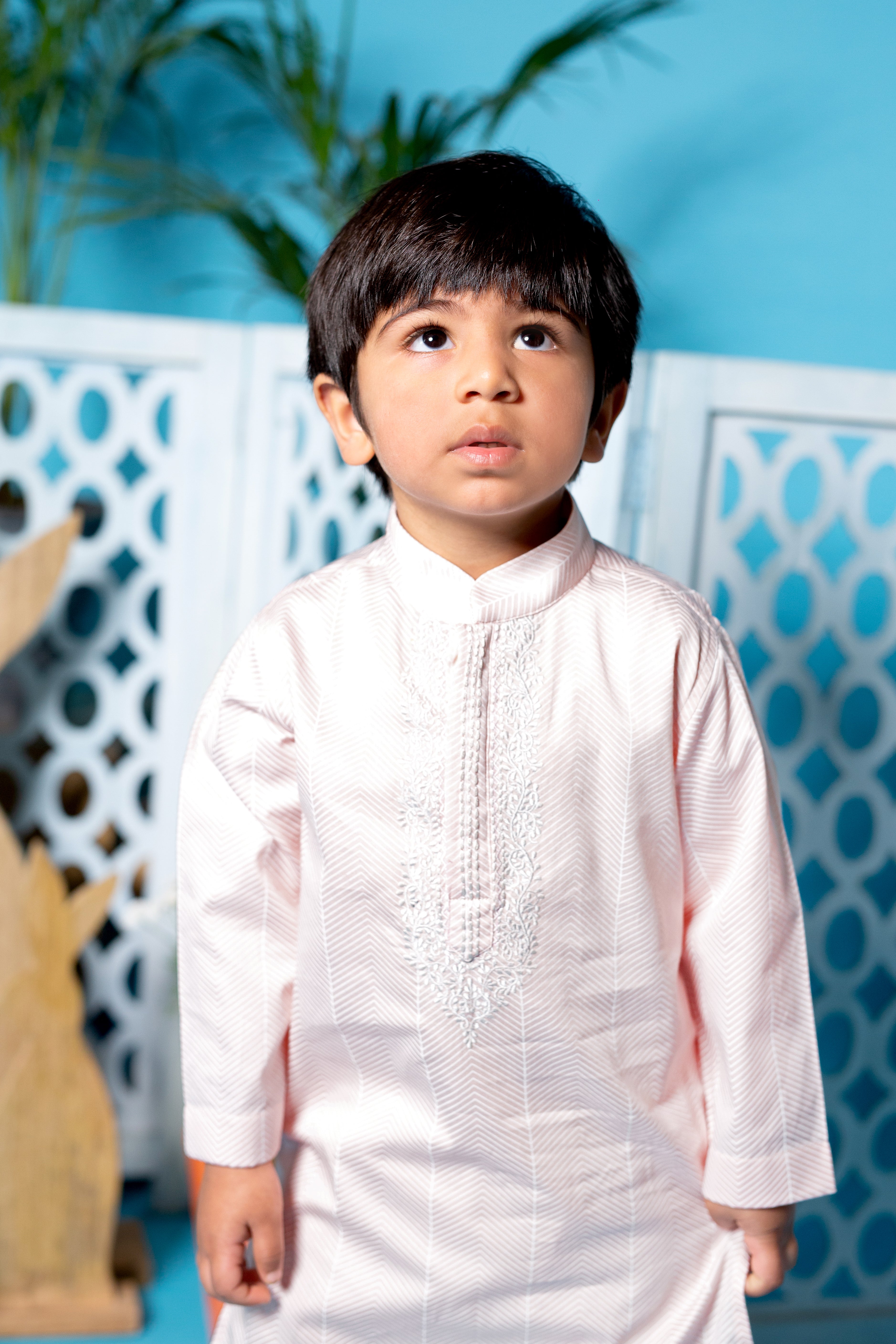 Pale Pink Diagonal Stripes Kurta With Embroidered Lapel Teamed With An Off White Pyjama/Churidar