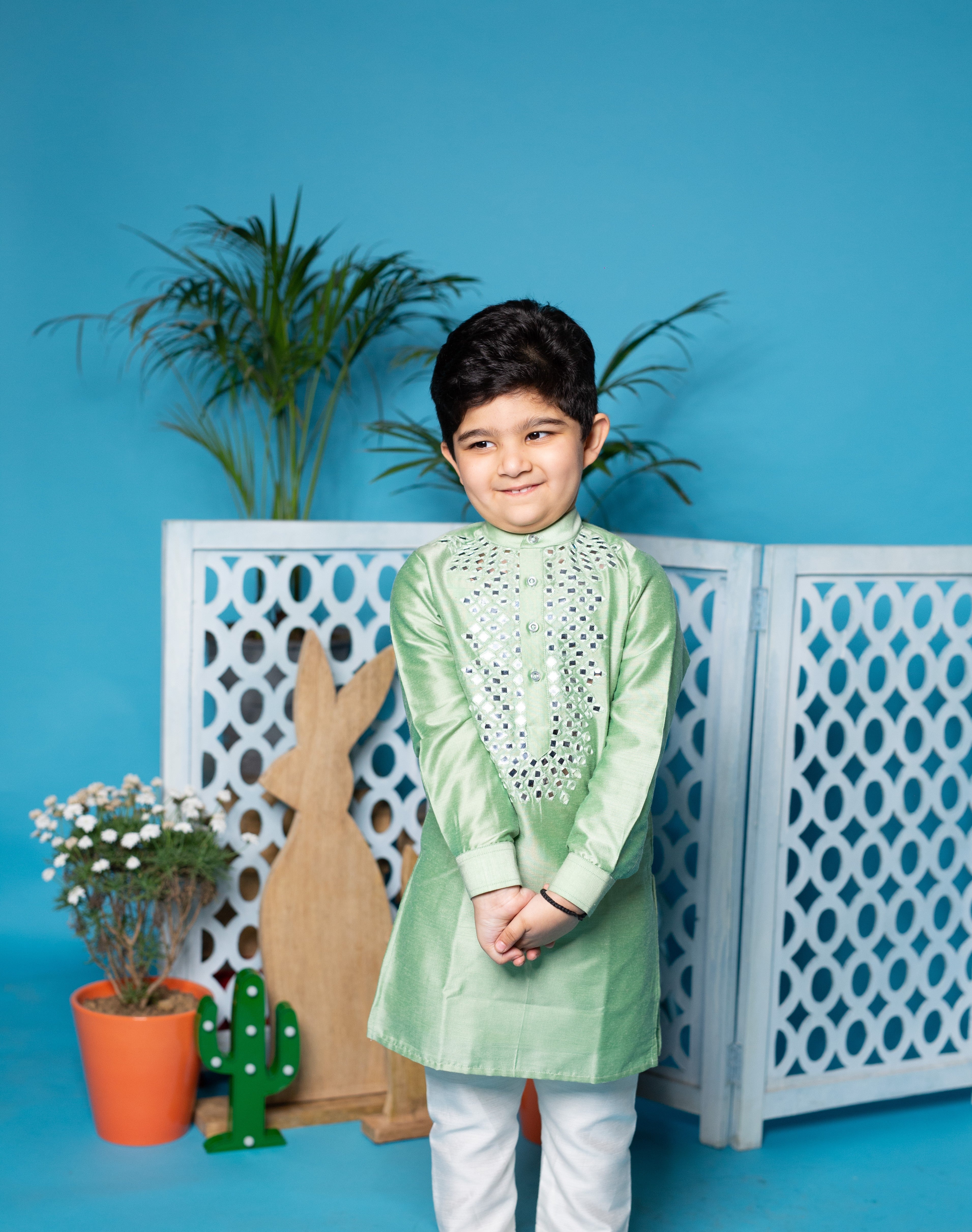 Green Cotton Silk Mirror Work Kurta Teamed With Off White Pyjamas