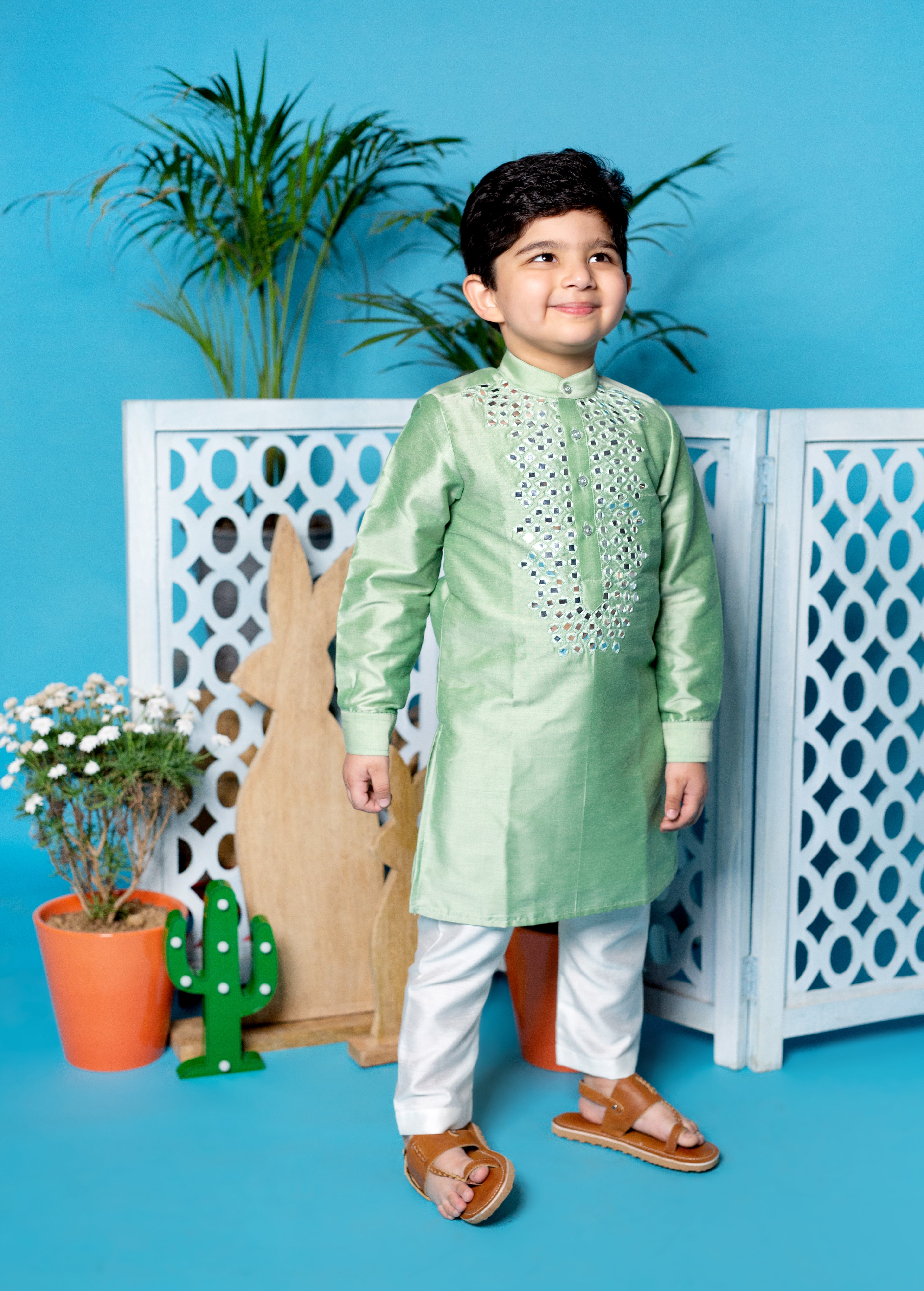 Green Cotton Silk Mirror Work Kurta Teamed With Off White Pyjamas