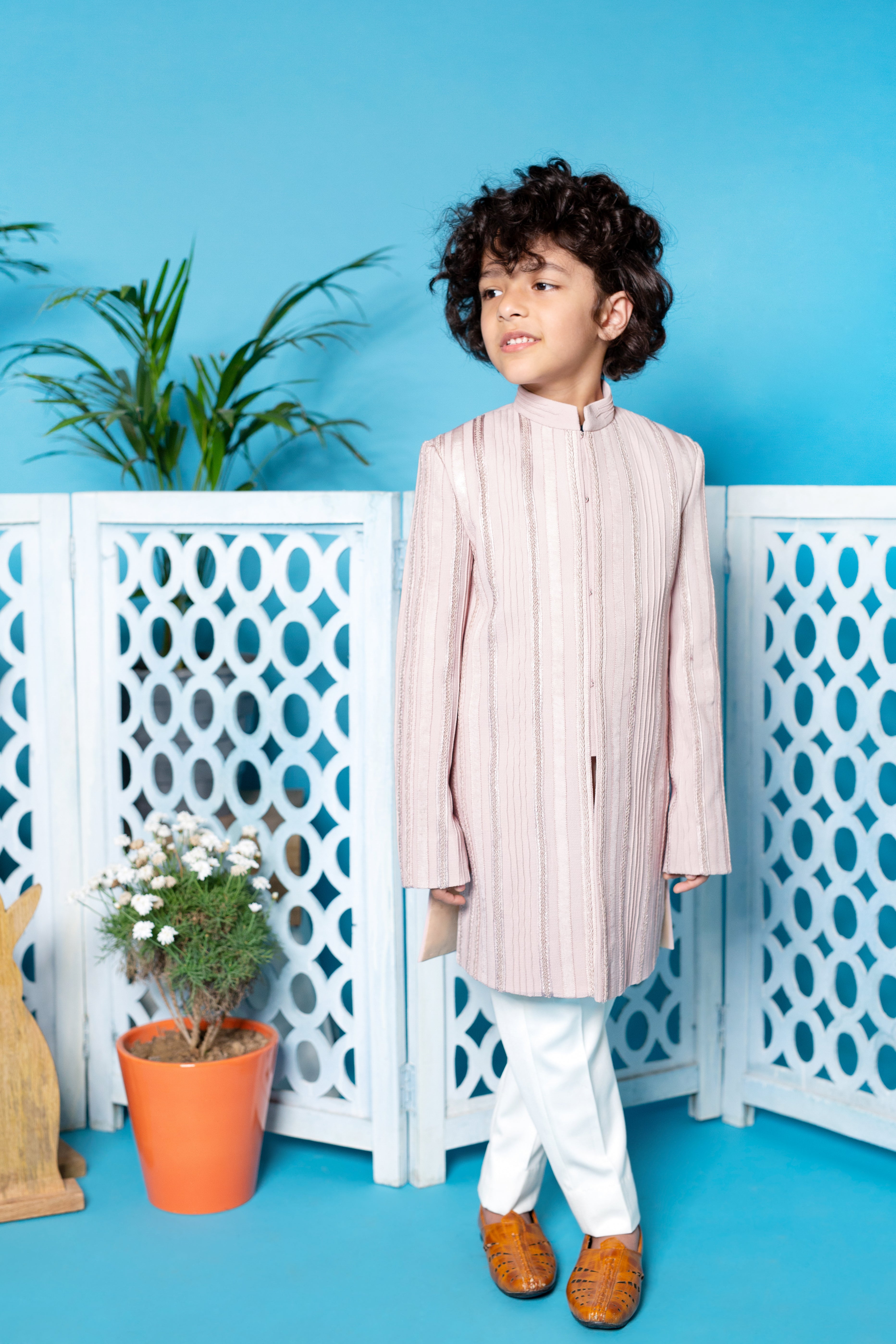 Onion Pink Indowestern/Achkan Teamed With Off White Pants