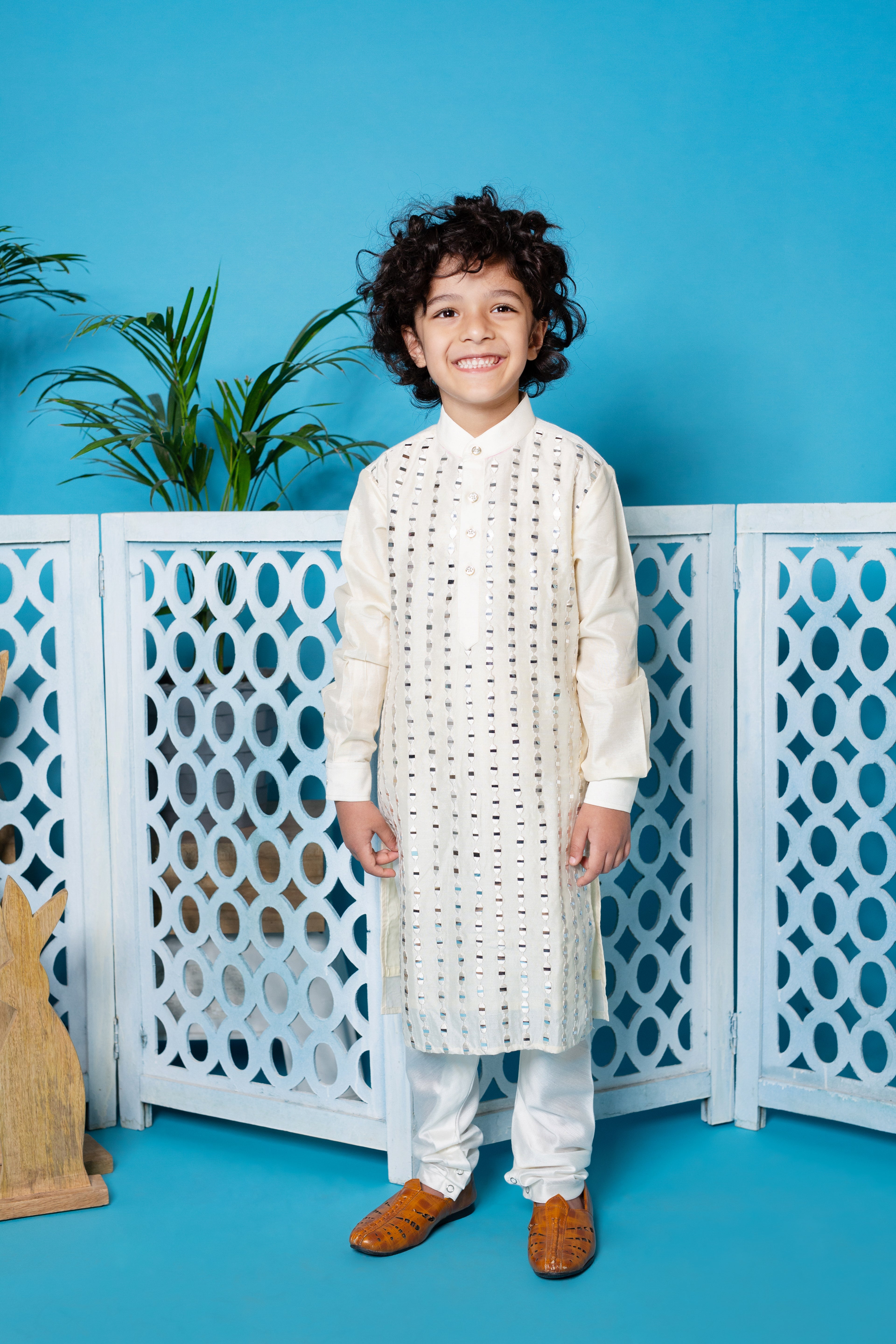 Ivory Cotton Silk Mirror Work Kurta With Churidar