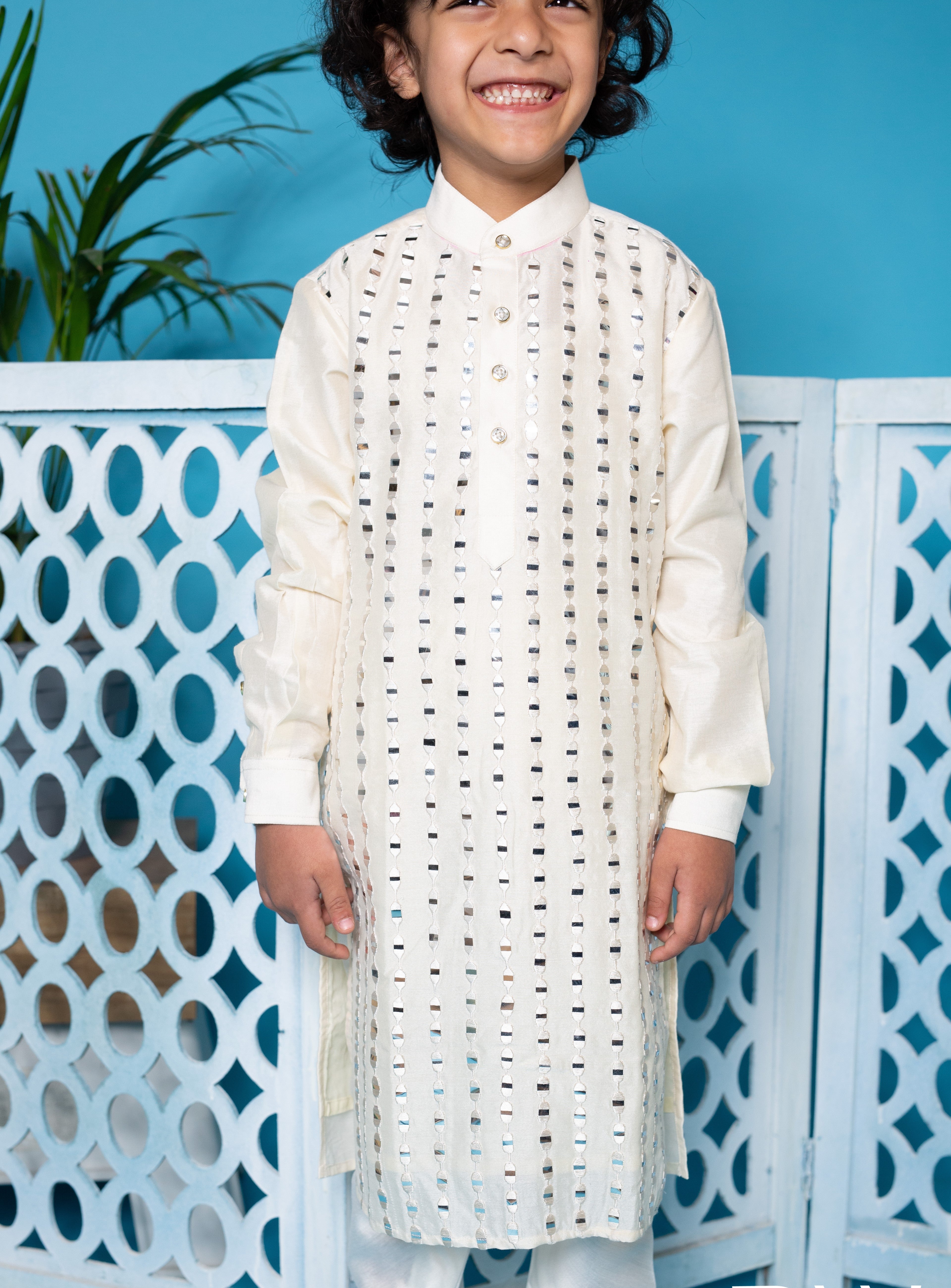 Ivory Cotton Silk Mirror Work Kurta With Churidar