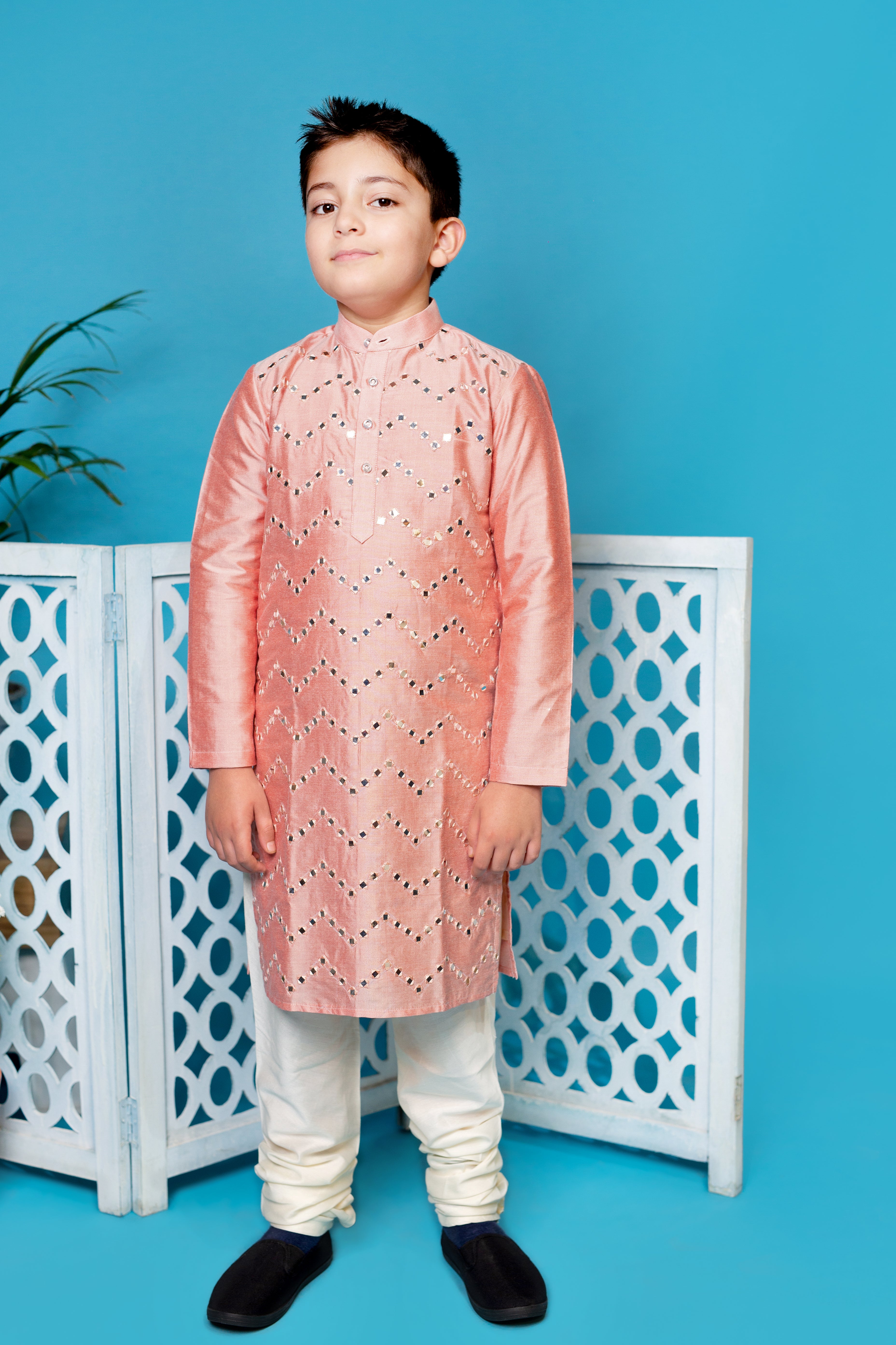 Pink Cotton Silk Mirror Work Kurta With Churidar