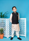 Load image into Gallery viewer, Nehru Collar Waistcoat With Embroidered Collar And Drape Kurta With Off White Pants
