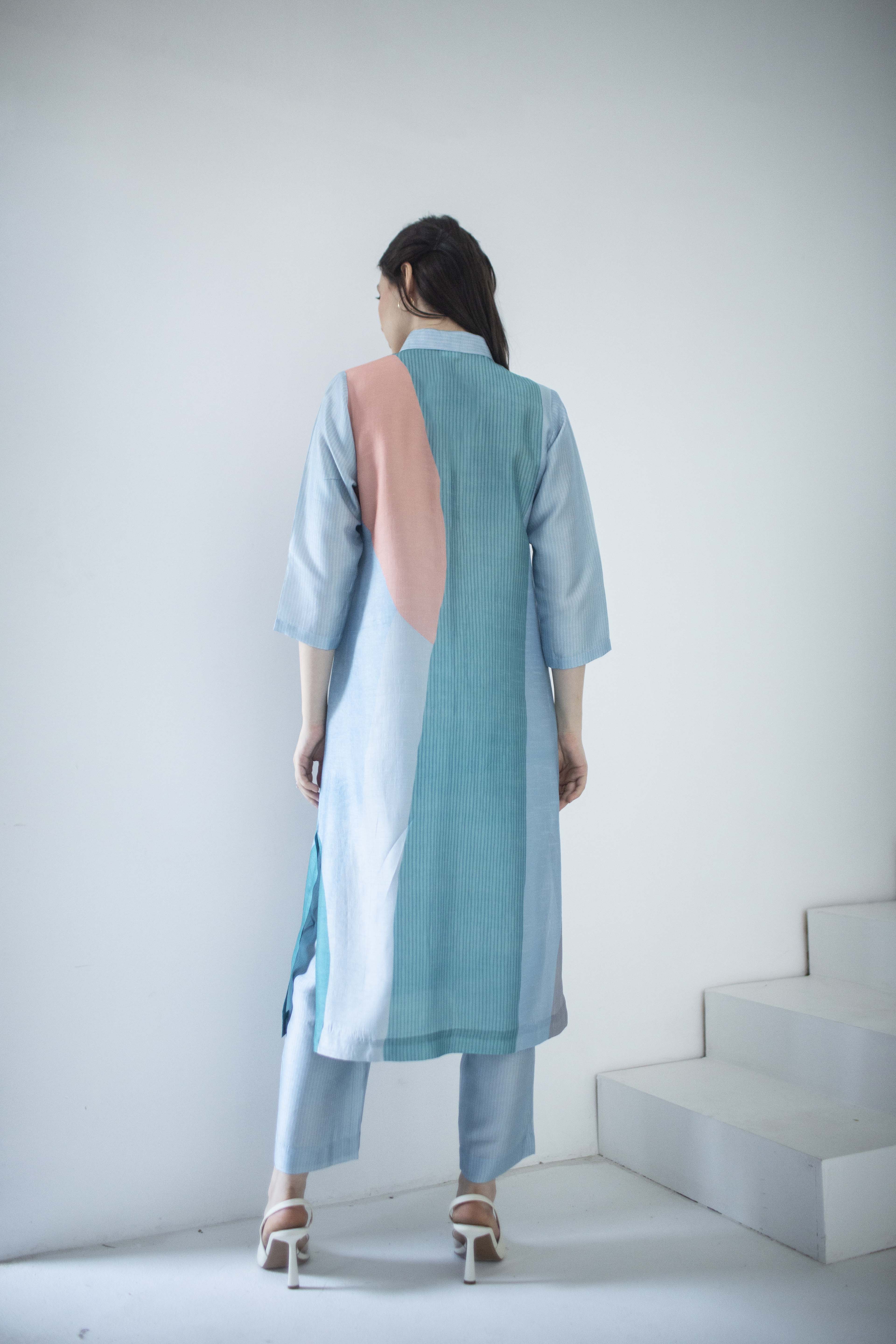 Blue & Orange Long Straight Kurta Set