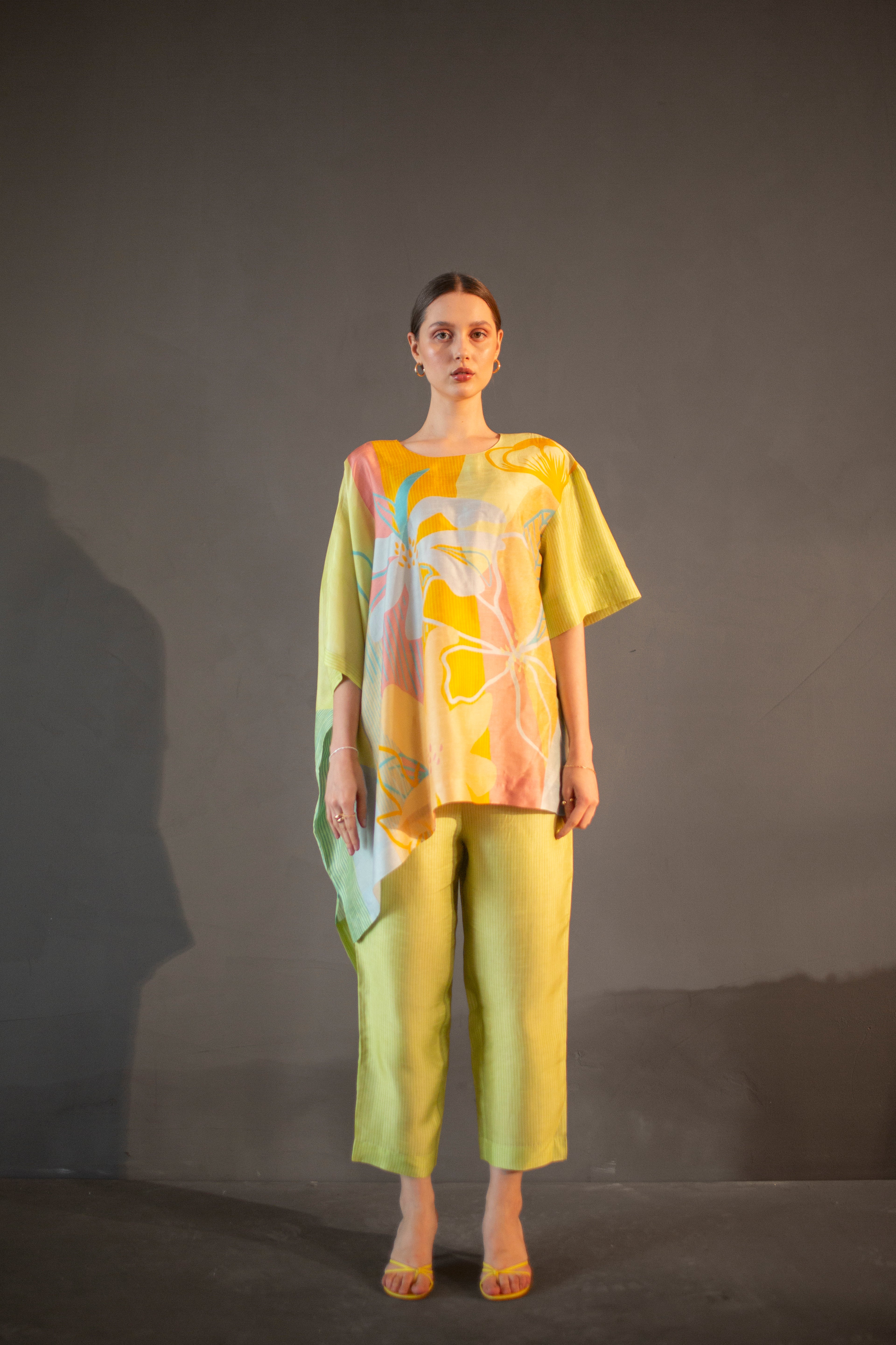 Green & Yellow One Side Kaftan Sleeve Set