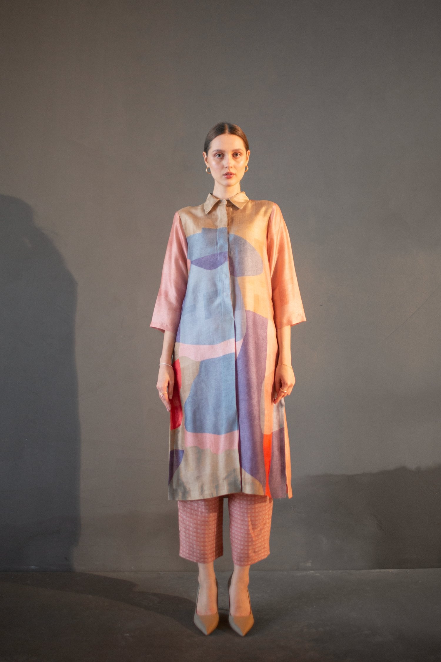 Peach & Blue Long Straight Kurta Set