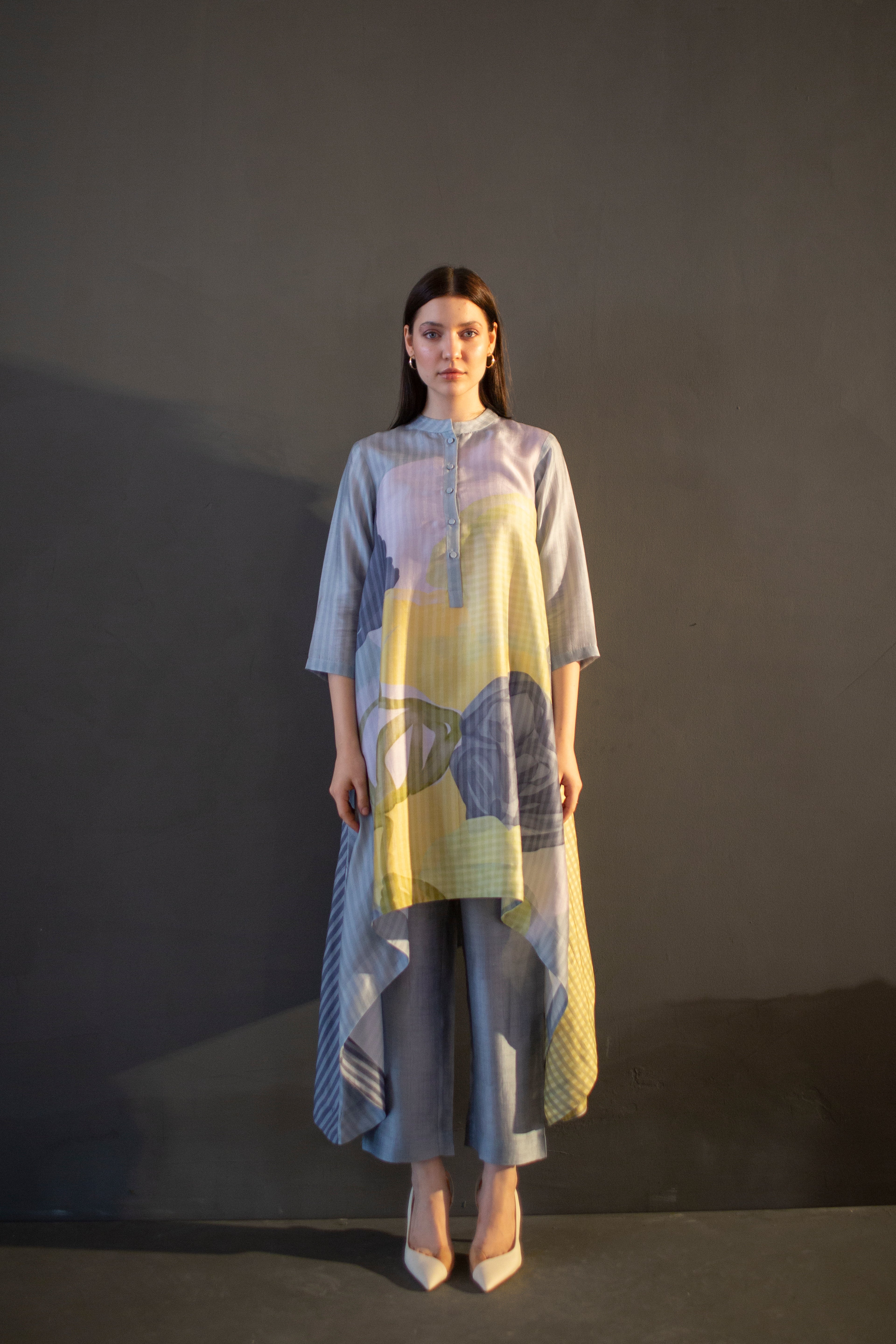 Grey & Yellow Long Kaftan Tail Set