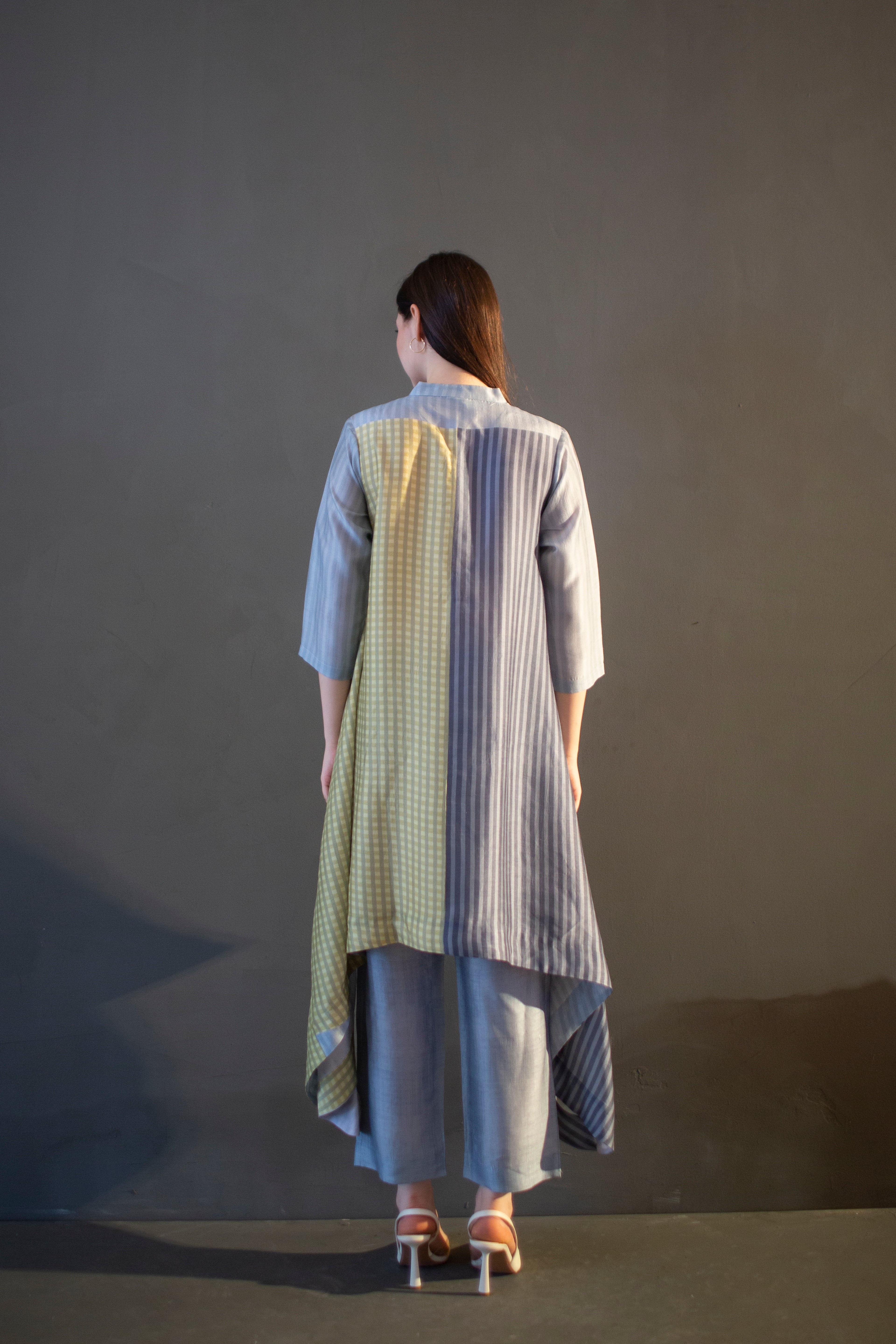 Grey & Yellow Long Kaftan Tail Set