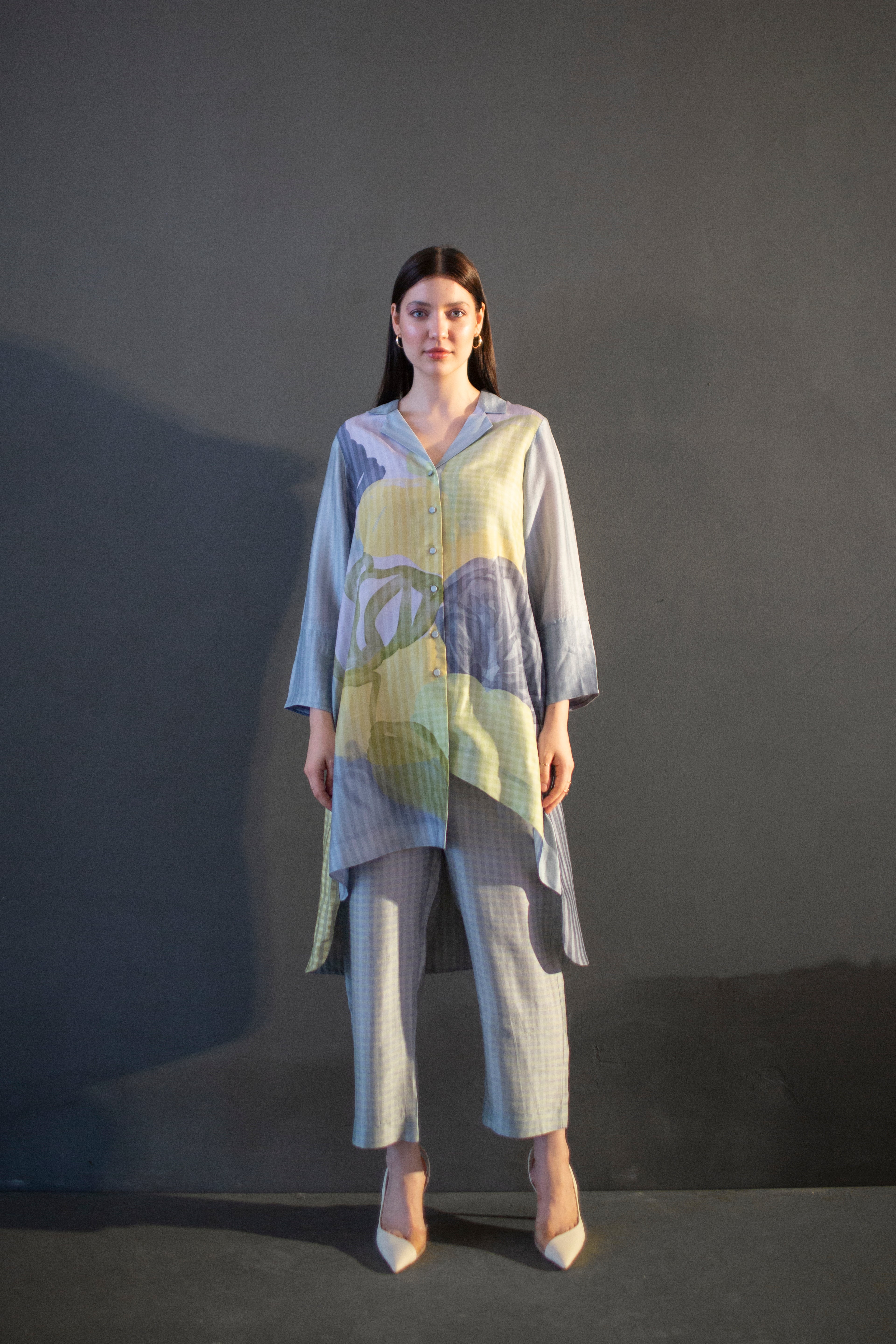 Grey & Yellow High Low Kurta Set