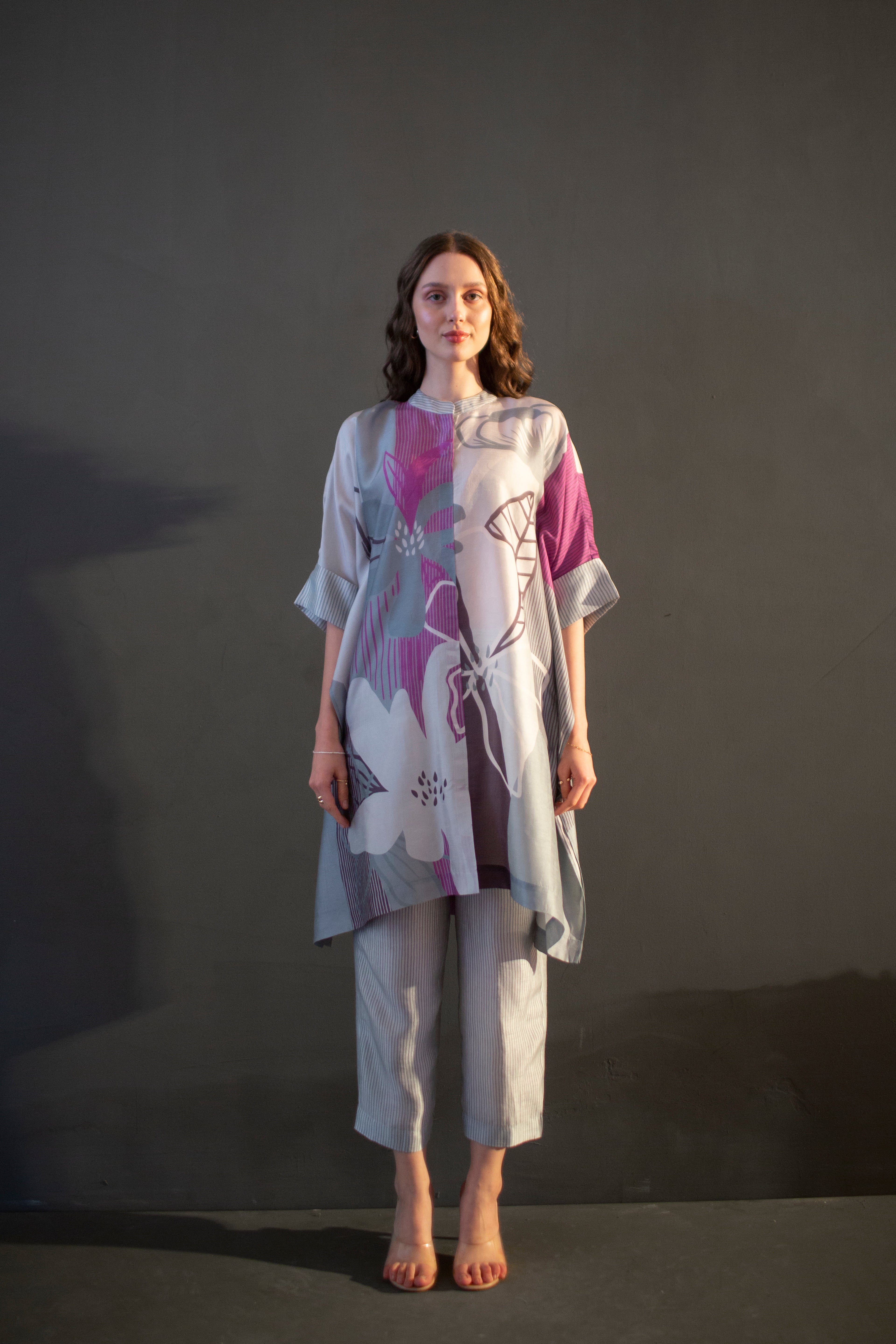 Grey & Purple Asymmetric Kurta Set