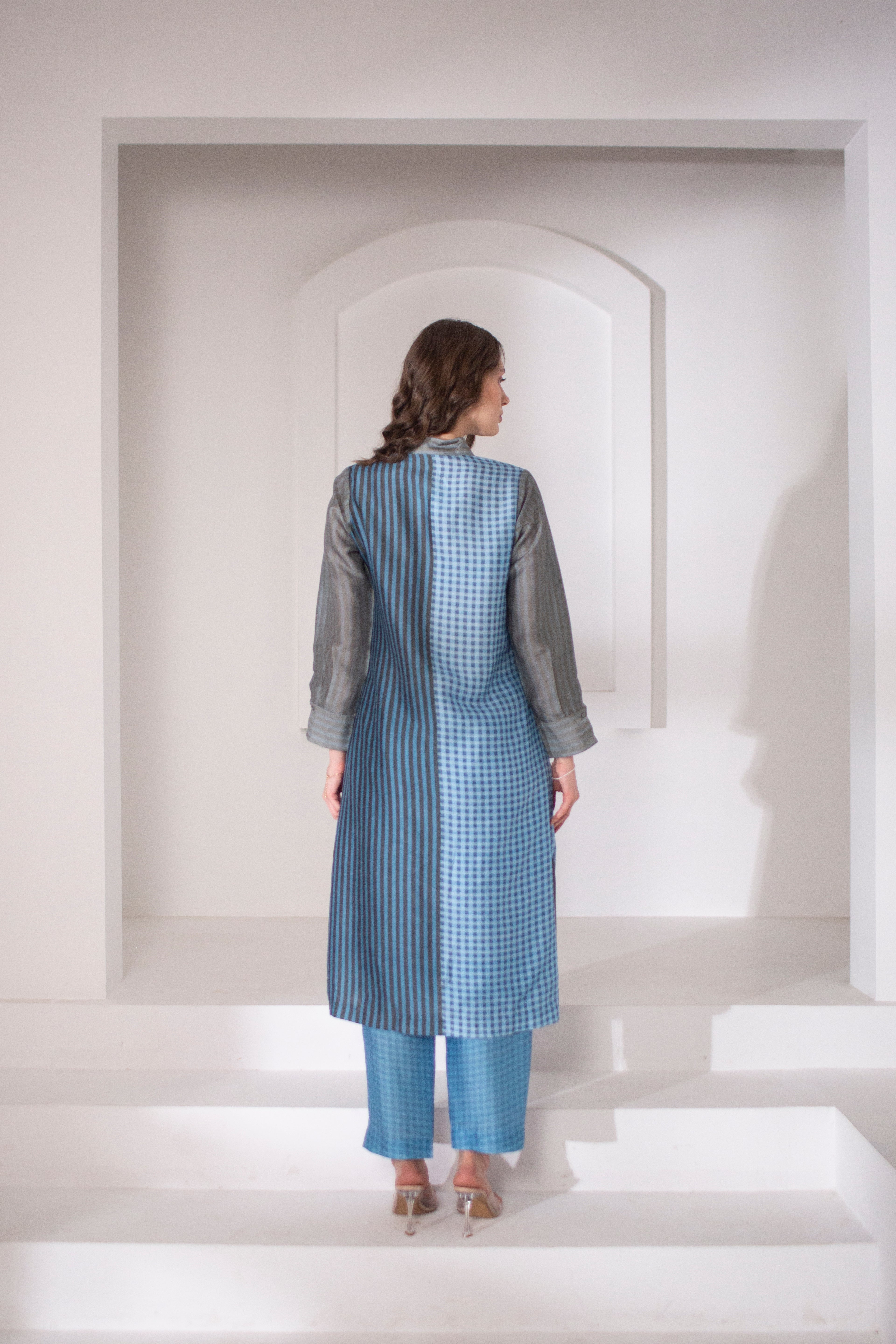 Blue & Grey Long Straight Kurta Set