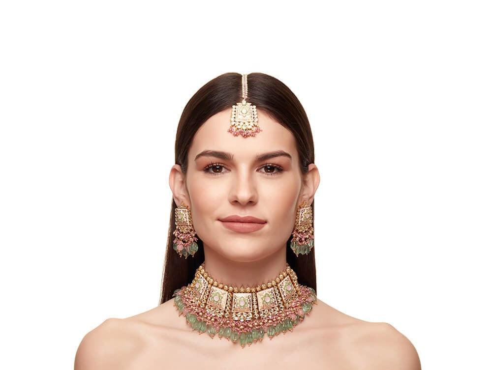 Baby Pink Meenakari Choker Set With Tikka