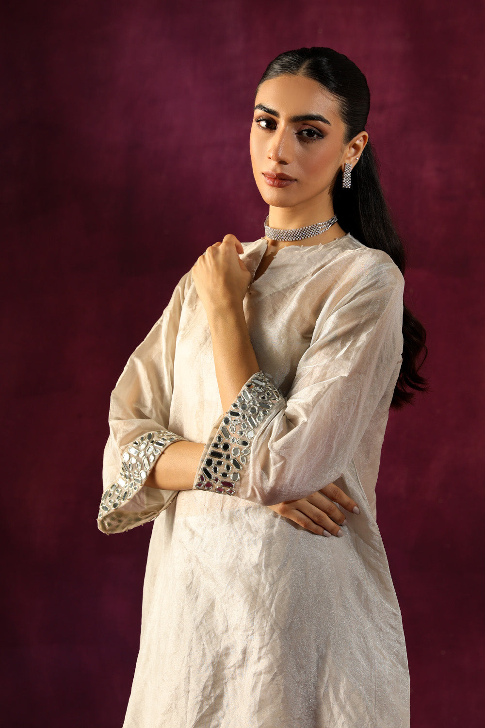 Mirror Embellished Tissue Tunic With Mirror Embellished Cig Pants