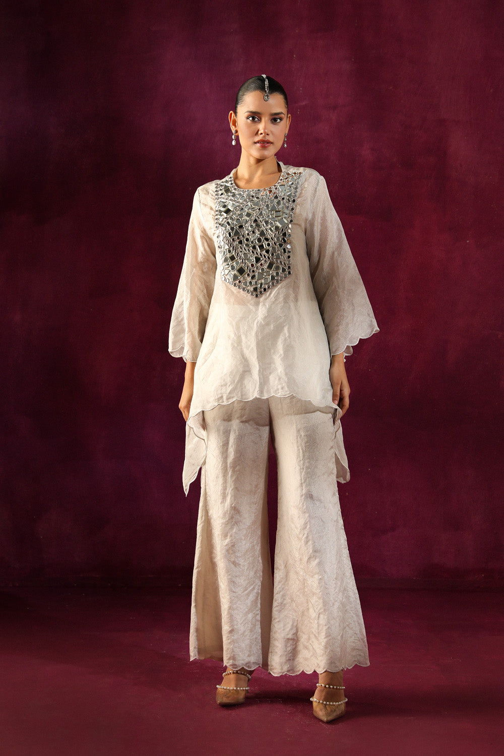 Mirror Embellished Tissue Tunic With Flared Pants