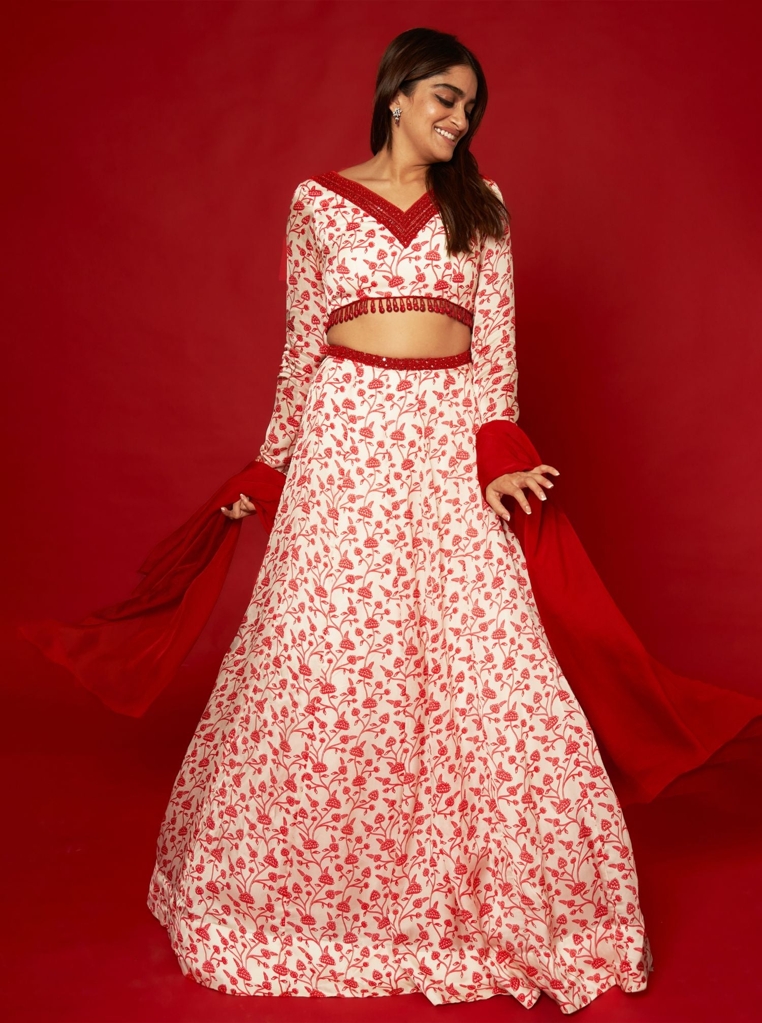 White & Red Lehenga Set