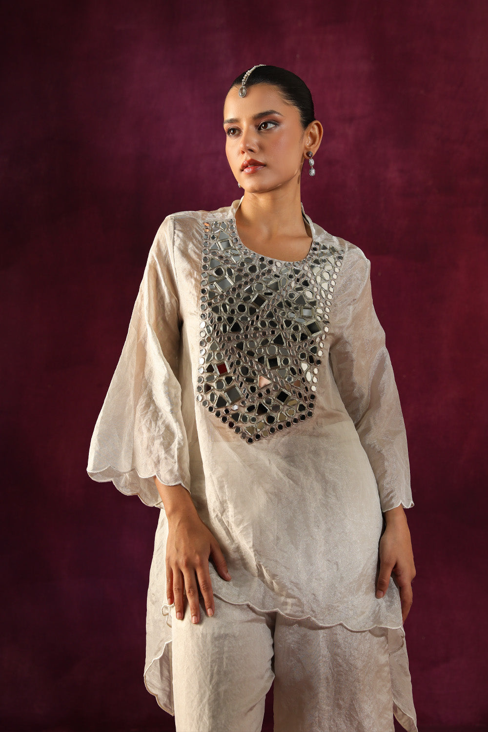 Mirror Embellished Tissue Tunic With Flared Pants