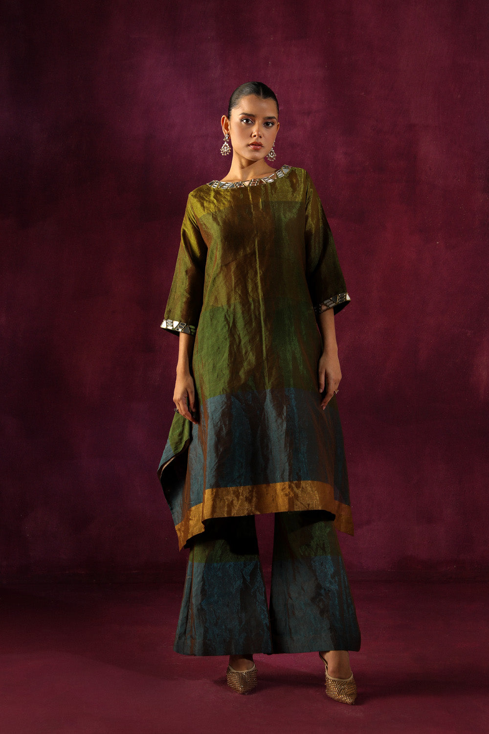 Mirror Embellished Asym Tissue Kurta With Flared Pants